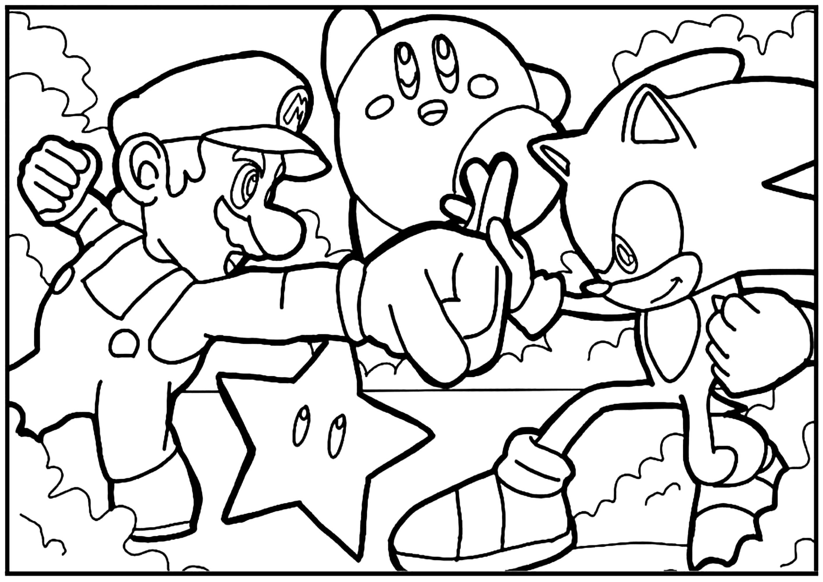 Mario et Sonic avec Kirby - Coloriages de Kirby à imprimer