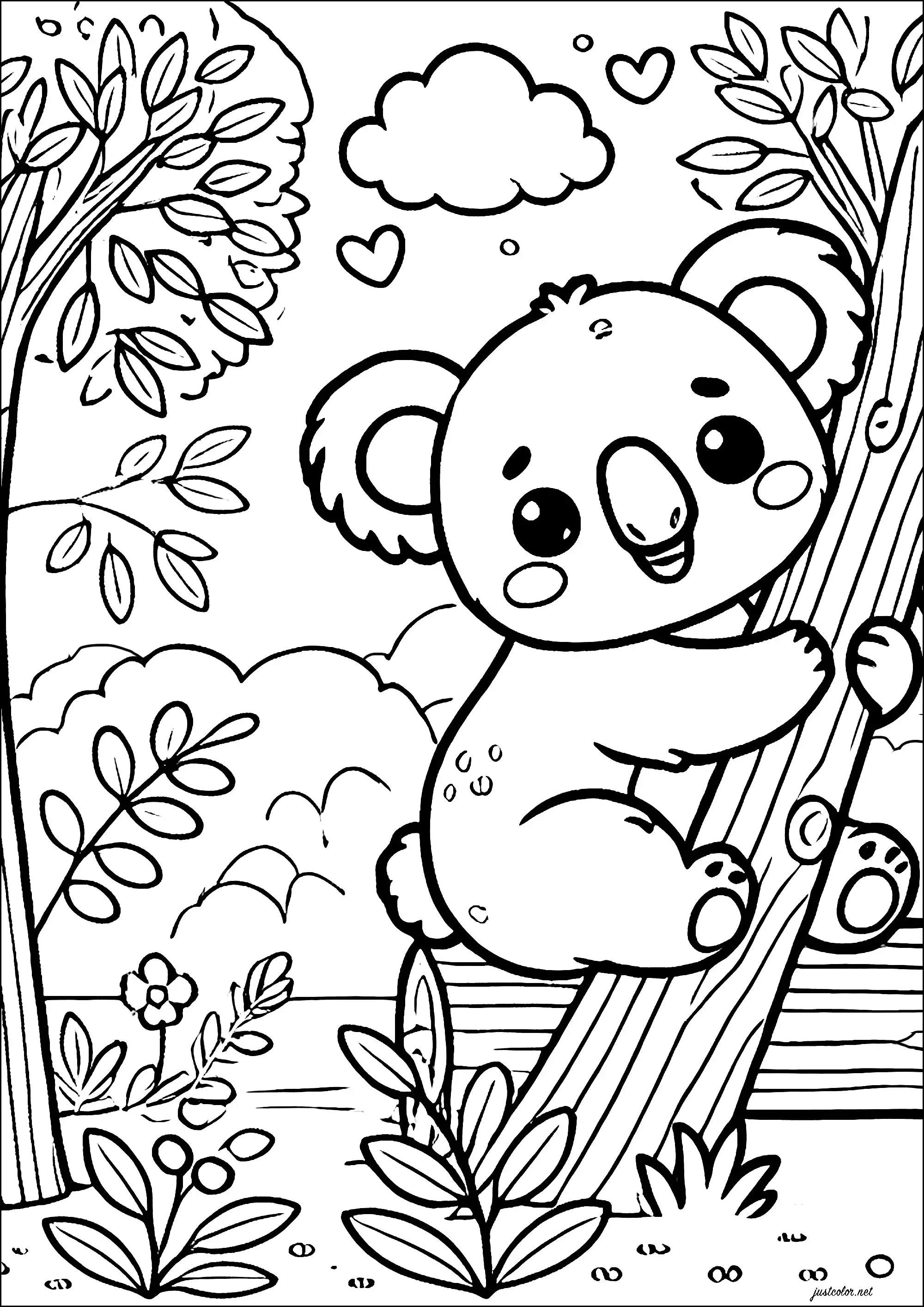 Koala accroché sur un arbre (Coloriage à imprimer pour enfants)