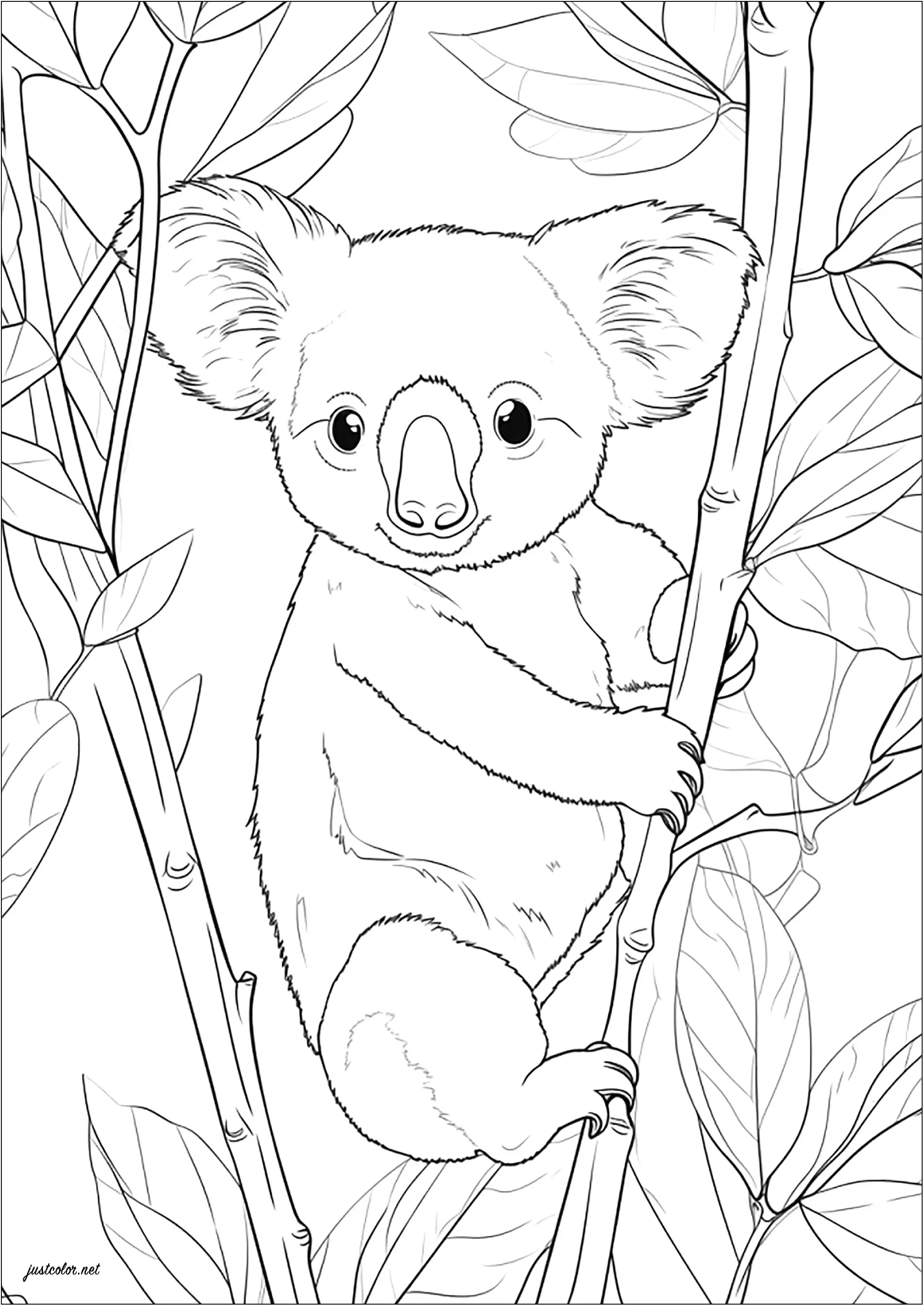 Koala réaliste accroché à une branche de bambou (Coloriage à imprimer pour enfants)
