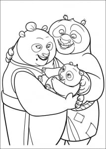 Le petit Po avec son père et sa mère (Coloriage de Kung fu Panda)