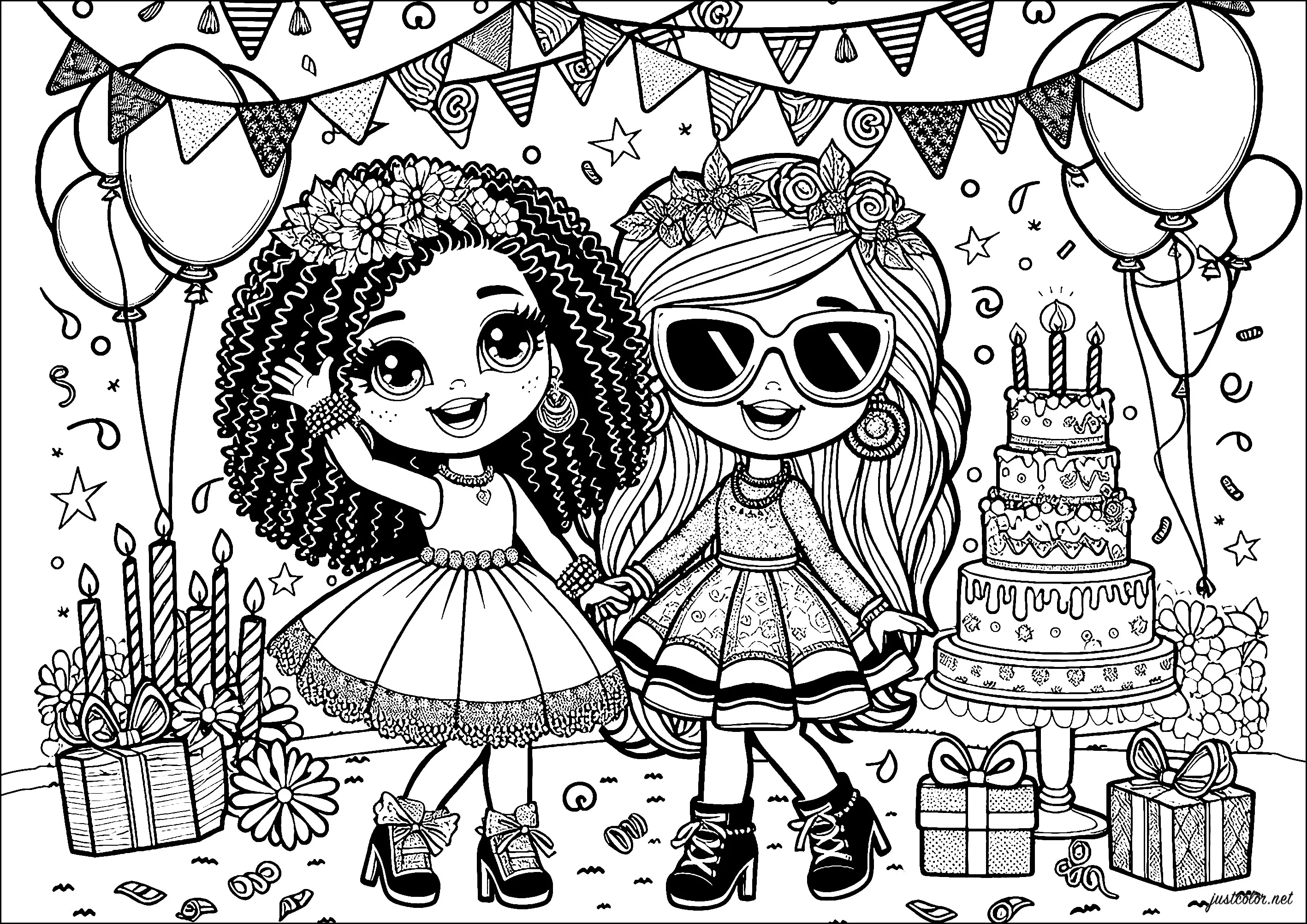 Deux poupées LOL à une fête d'anniversaire (Coloriage à imprimer pour enfants)