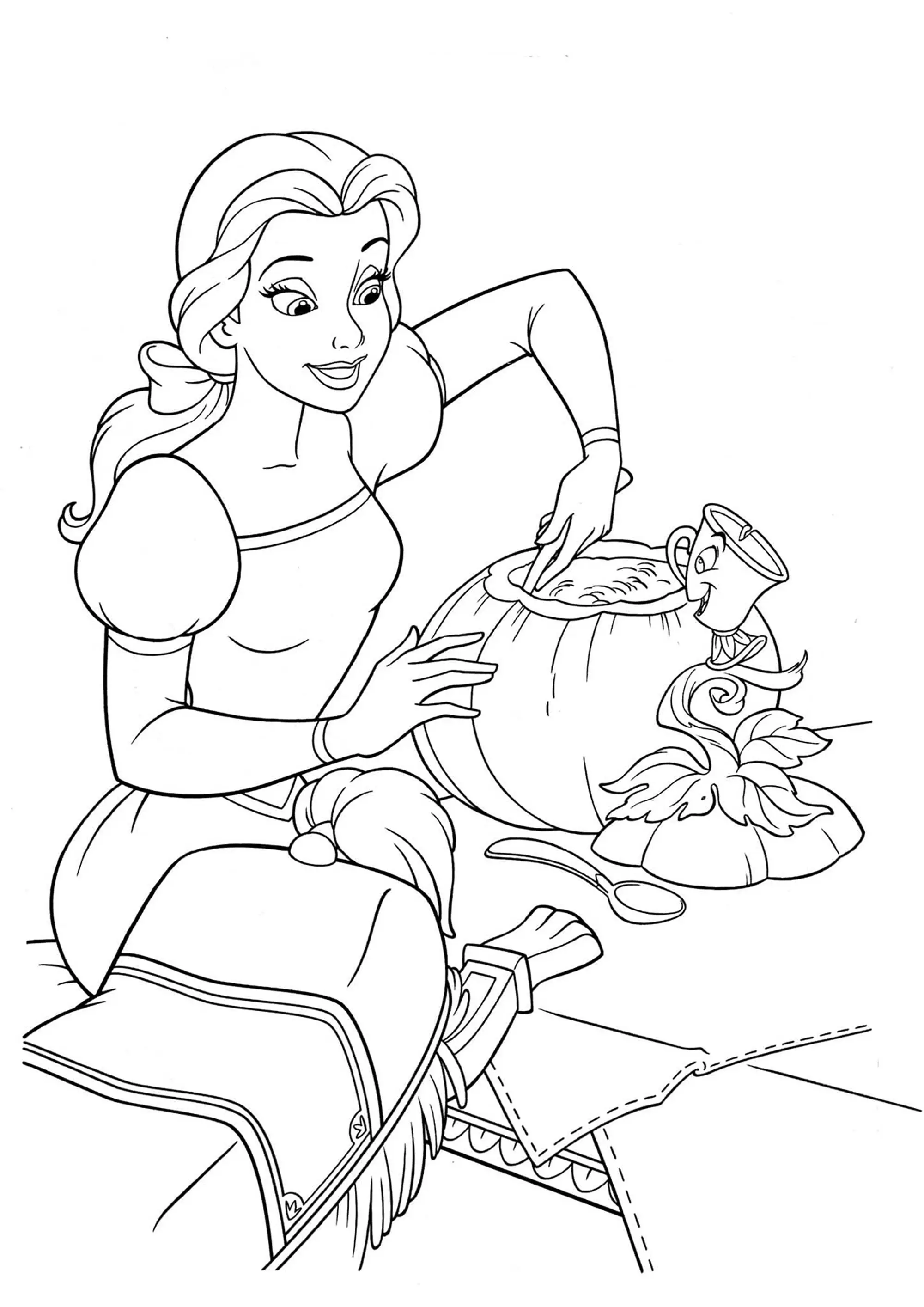 Belle cuisine une citrouille pour Halloween (Coloriage de La Belle et la Bête à imprimer pour enfants)