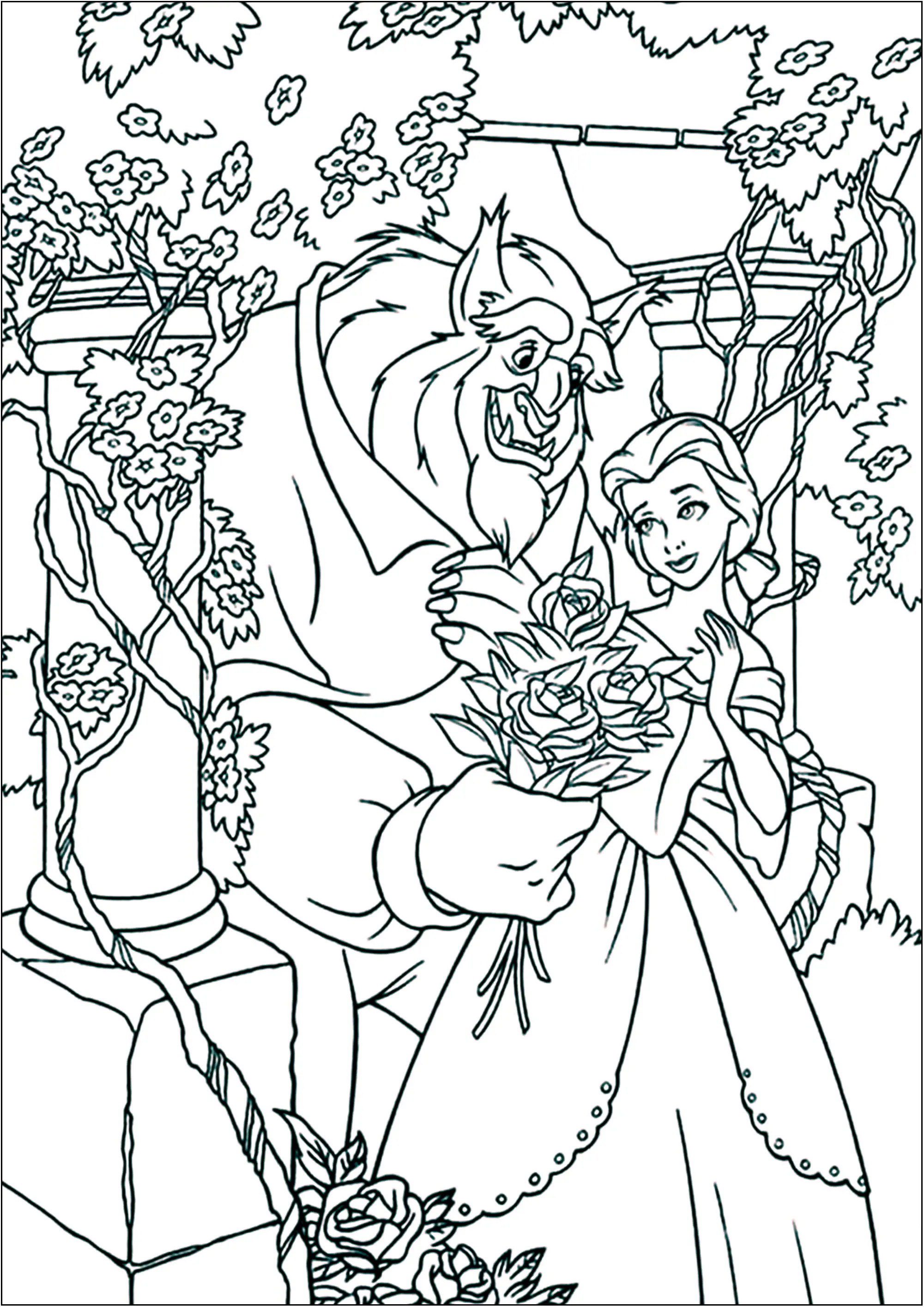 Jardin fleuri (Coloriage de La Belle et la Bête à imprimer pour enfants)