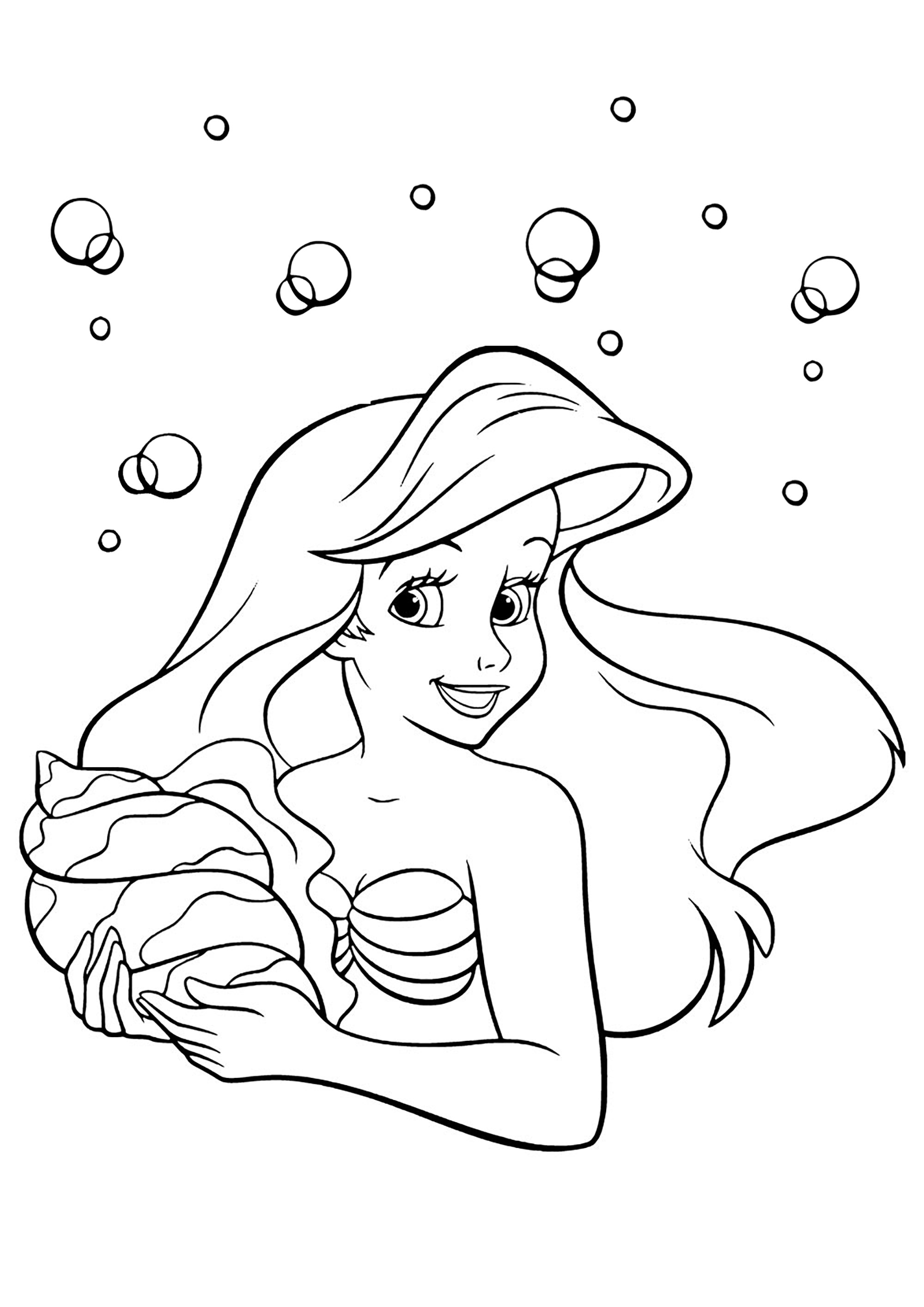 Ariel la petite sirène et un joli coquillage. Un coloriage très simple avec peu de détails