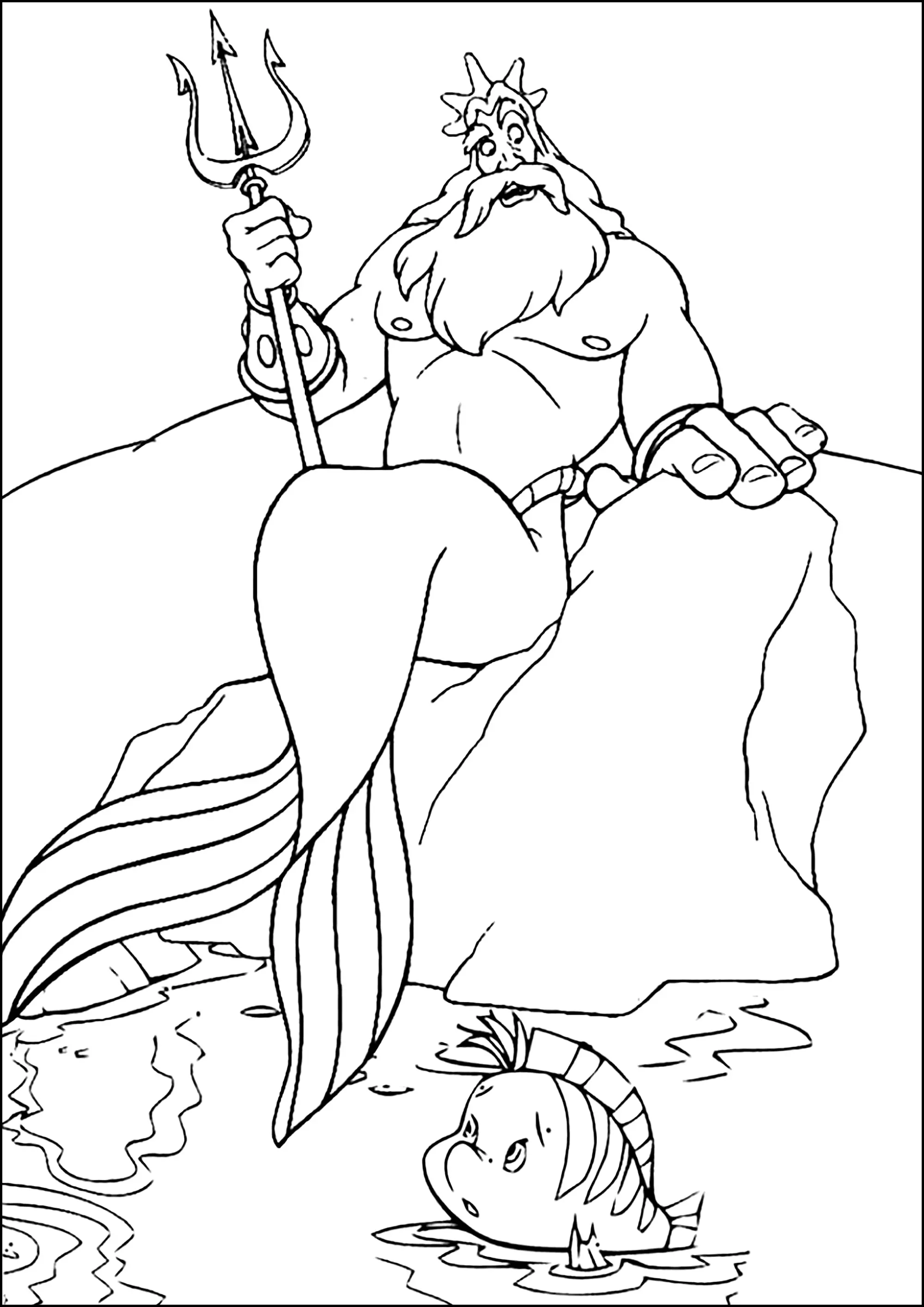 Le Roi Triton à la surface avec Polochon (Coloriage de La petite Sirène (Ariel) à imprimer pour enfants)