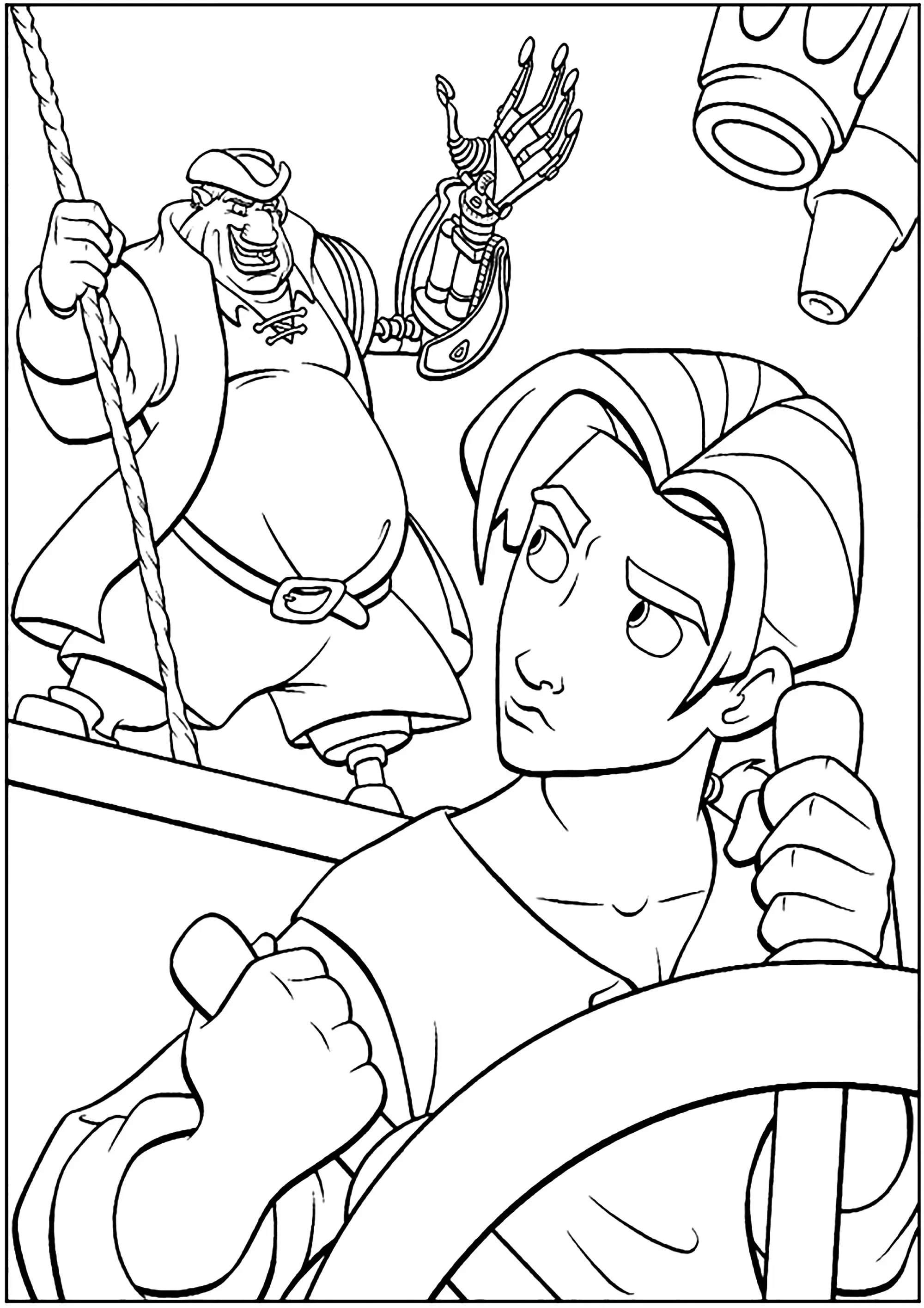 Jim Hawkins à la barre (Coloriage de La Planète au trésor à imprimer pour enfants)