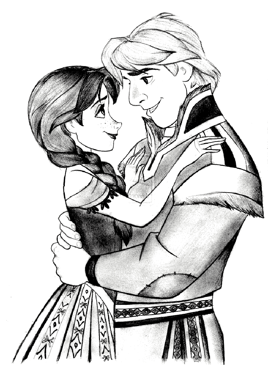 Superbe dessin au crayon d'Anna et de Kristoff, s'enlaçant tendrement