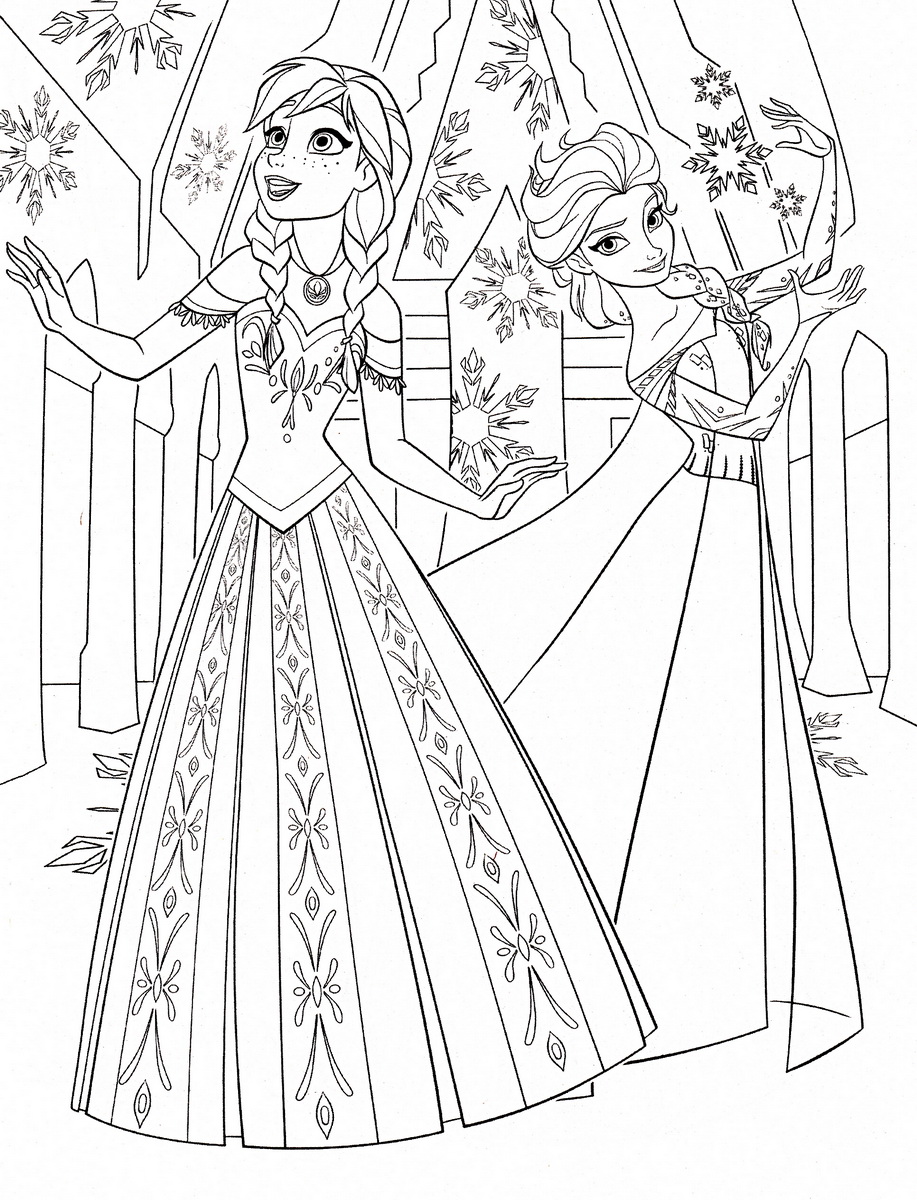 Anna et Elsa, avec de magnifiques robes, réunies dans un joli coloriage