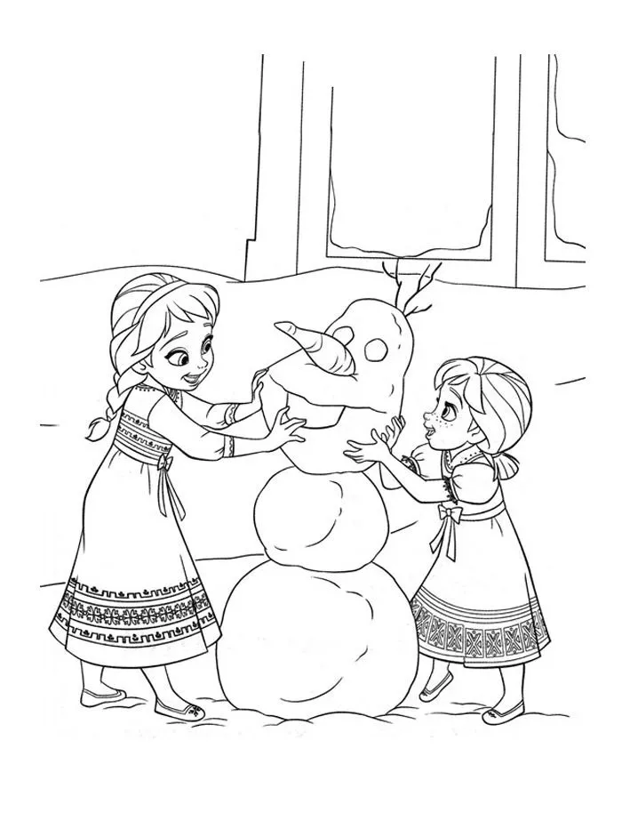 Reine des neiges anna et elsa petites fabriquant olaf (Coloriage de La Reine des Neiges à imprimer pour enfants)