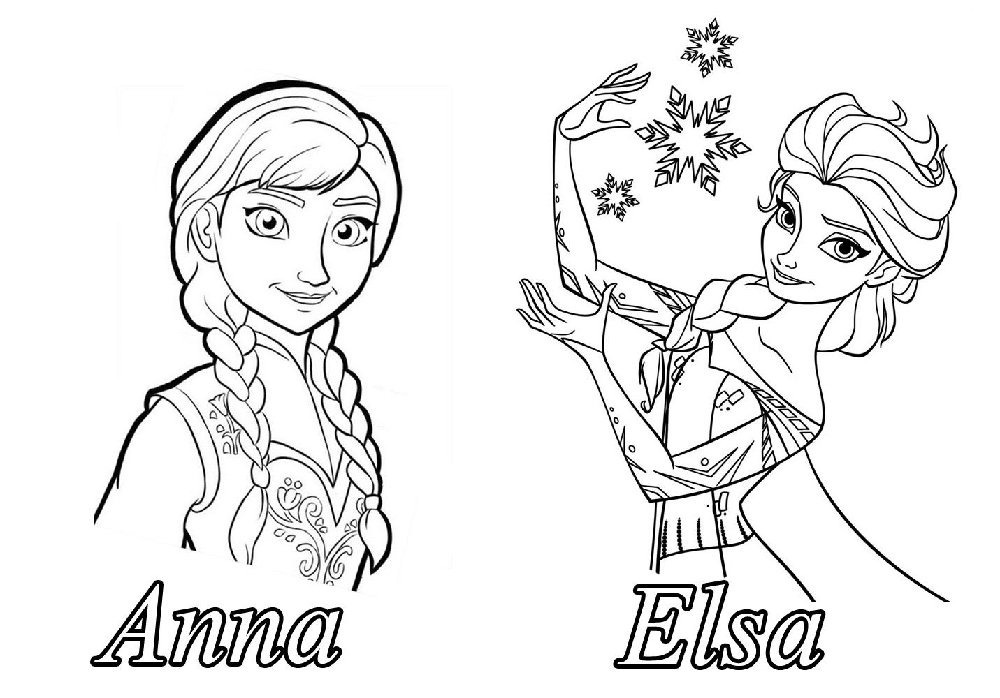 Deux coloriages en un d'Anna et Elsa, avec leurs prénoms à colorier : une couleur par lettre !