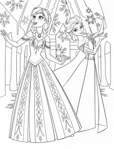 Coloriage de à imprimer pour enfants : Reine-des-neiges-anna-et-elsa-avec-robes-magnifiques