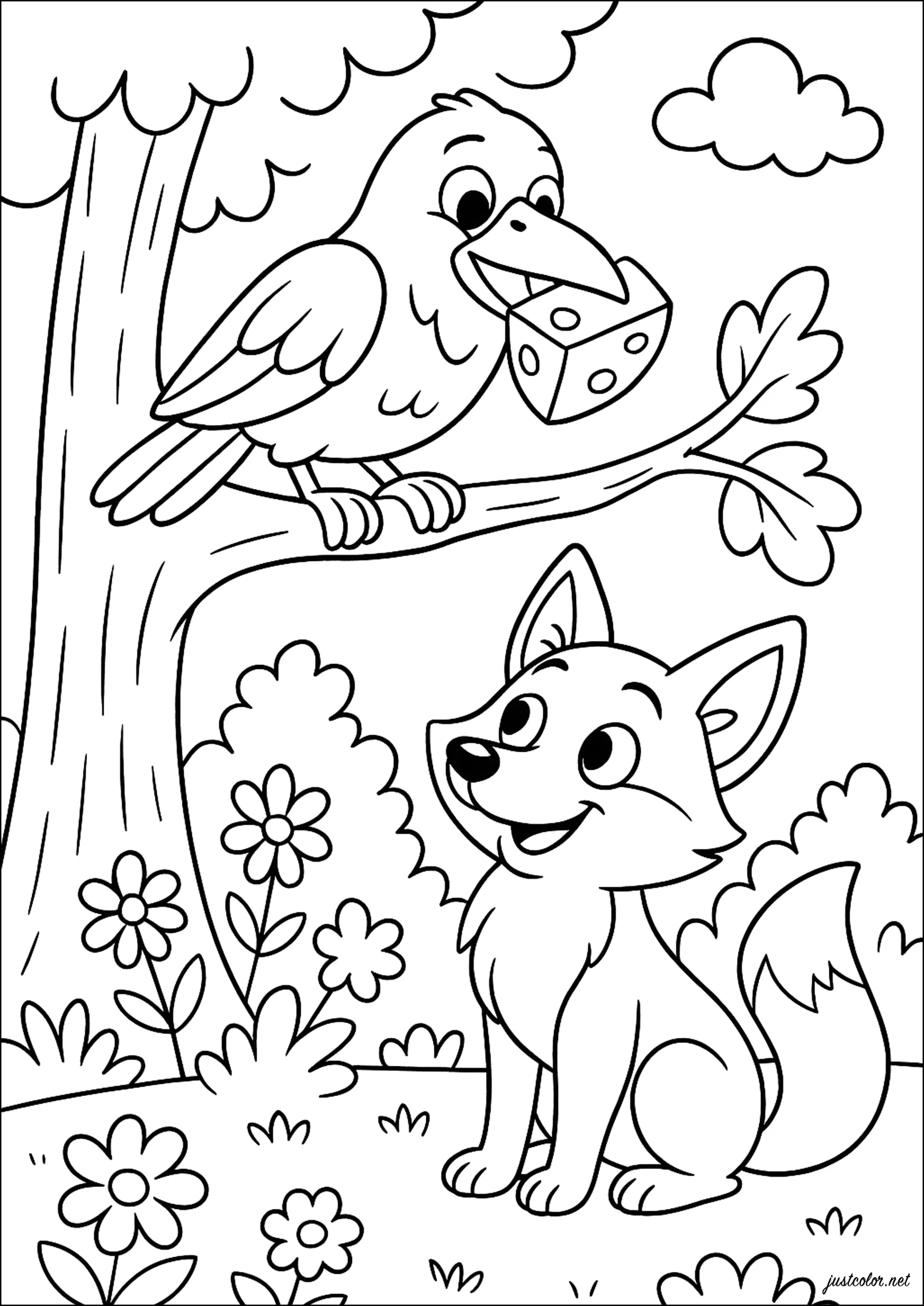 Le Corbeau et le Renard rusé (Coloriage de Les fables de Lafontaine à imprimer pour enfants)