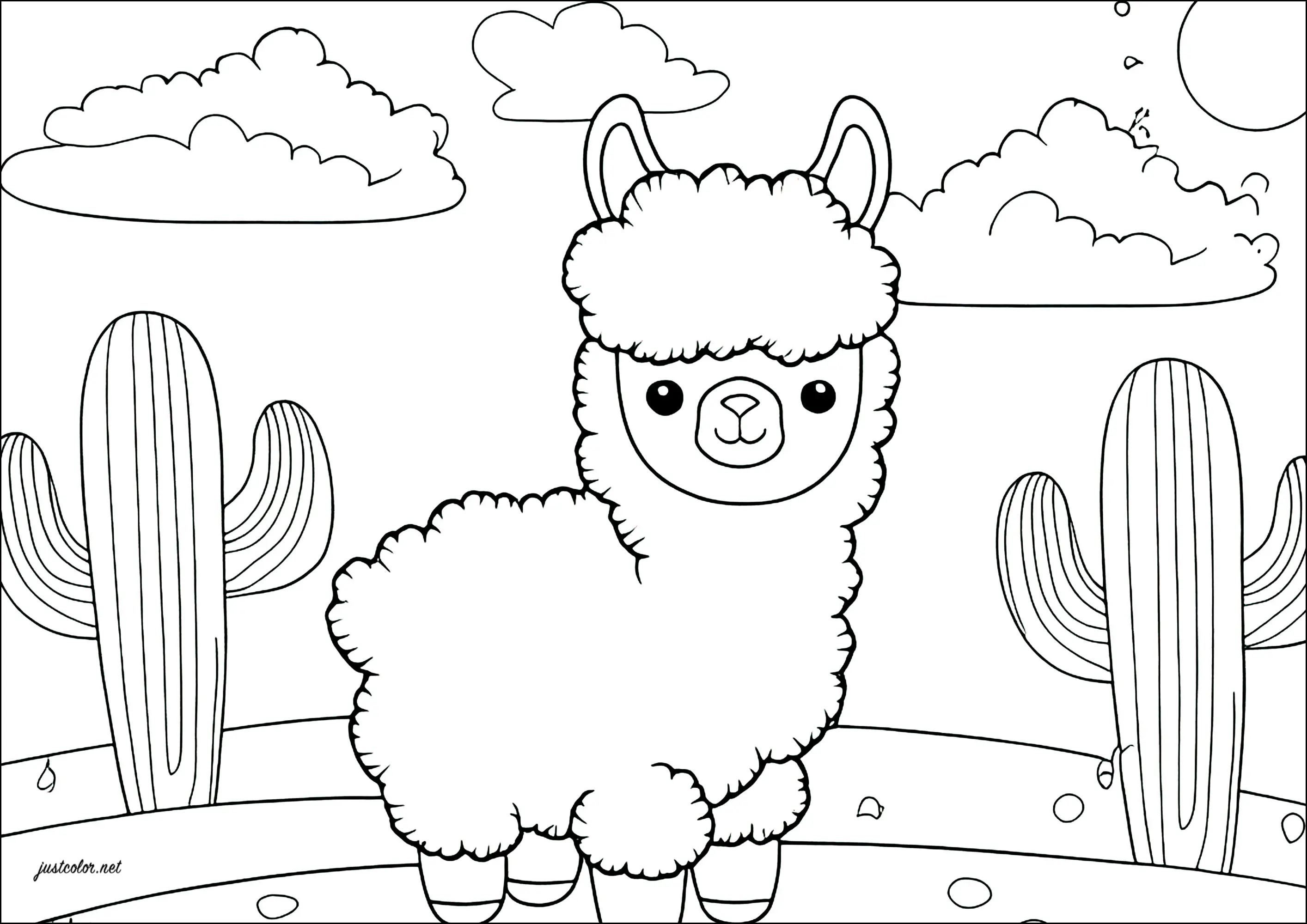 Simple petit lama avec des cactus (Coloriage à imprimer pour enfants)