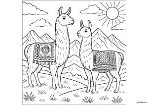 Lamas Andins sur la Colline (Coloriage)