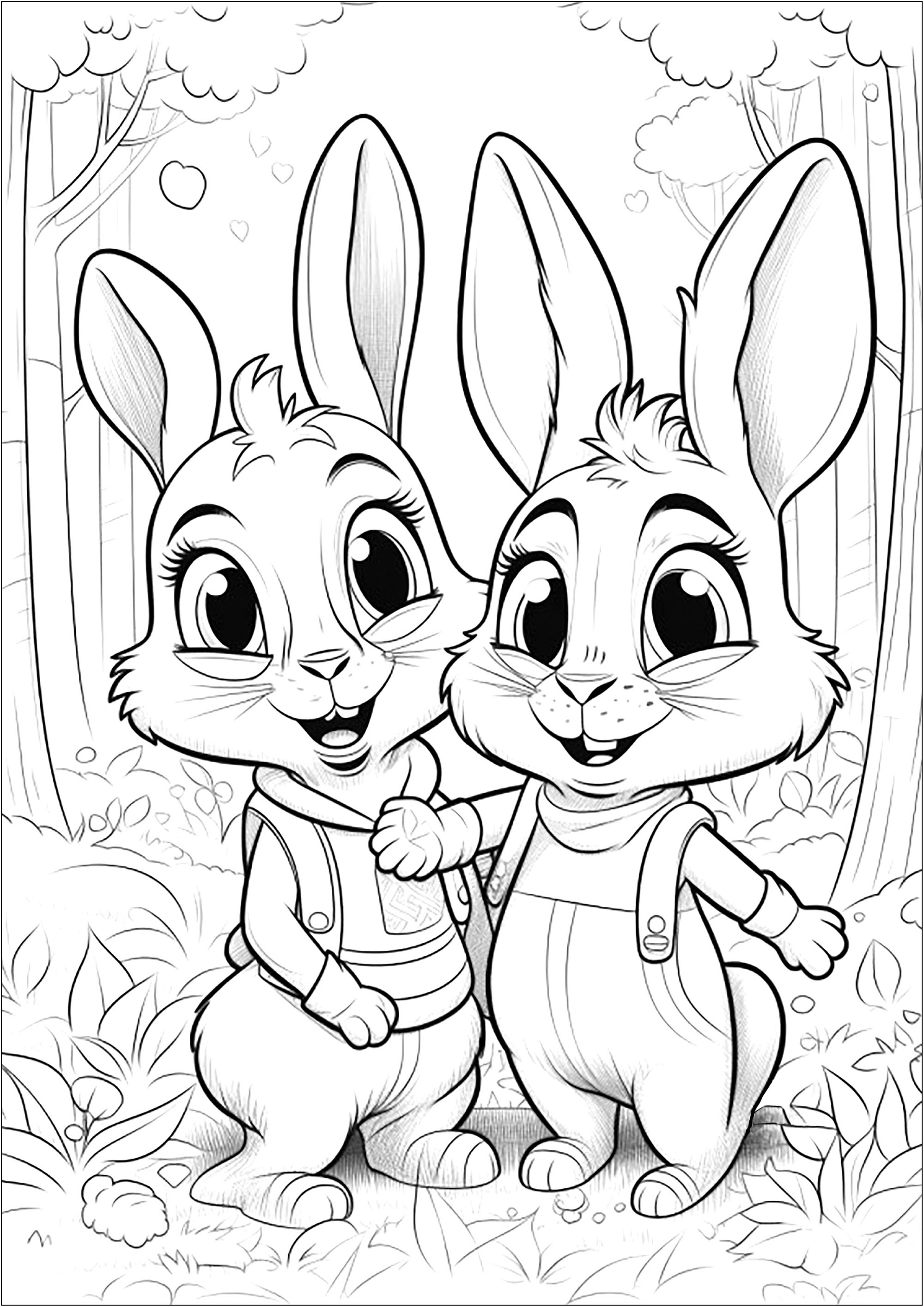 Deux petits lapins dans la forêt - 2. Joli coloriage de deux jolis lapins s'amusant dans la forêt