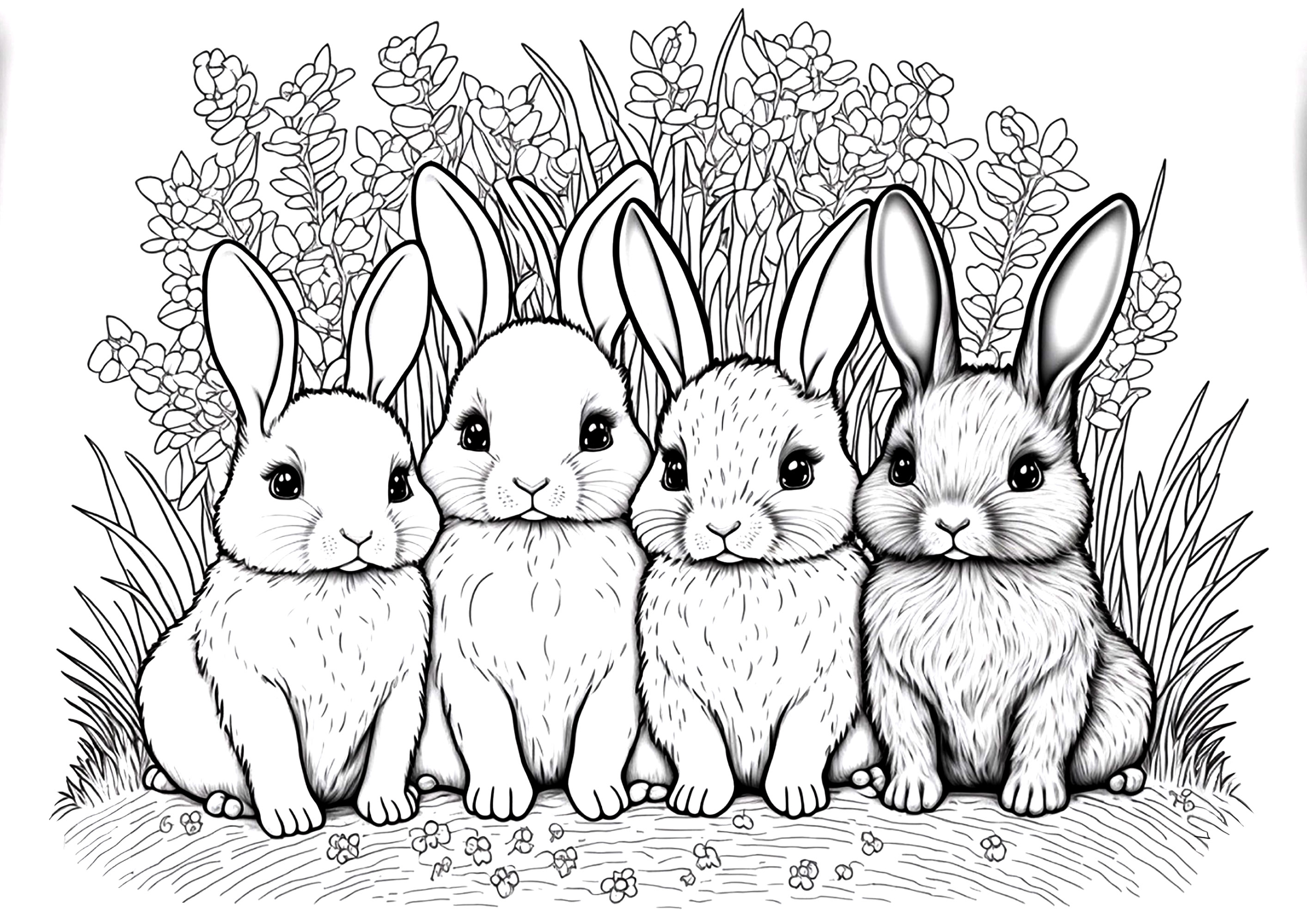 Quatre mignons petits lapins, et un arrière plan végétal