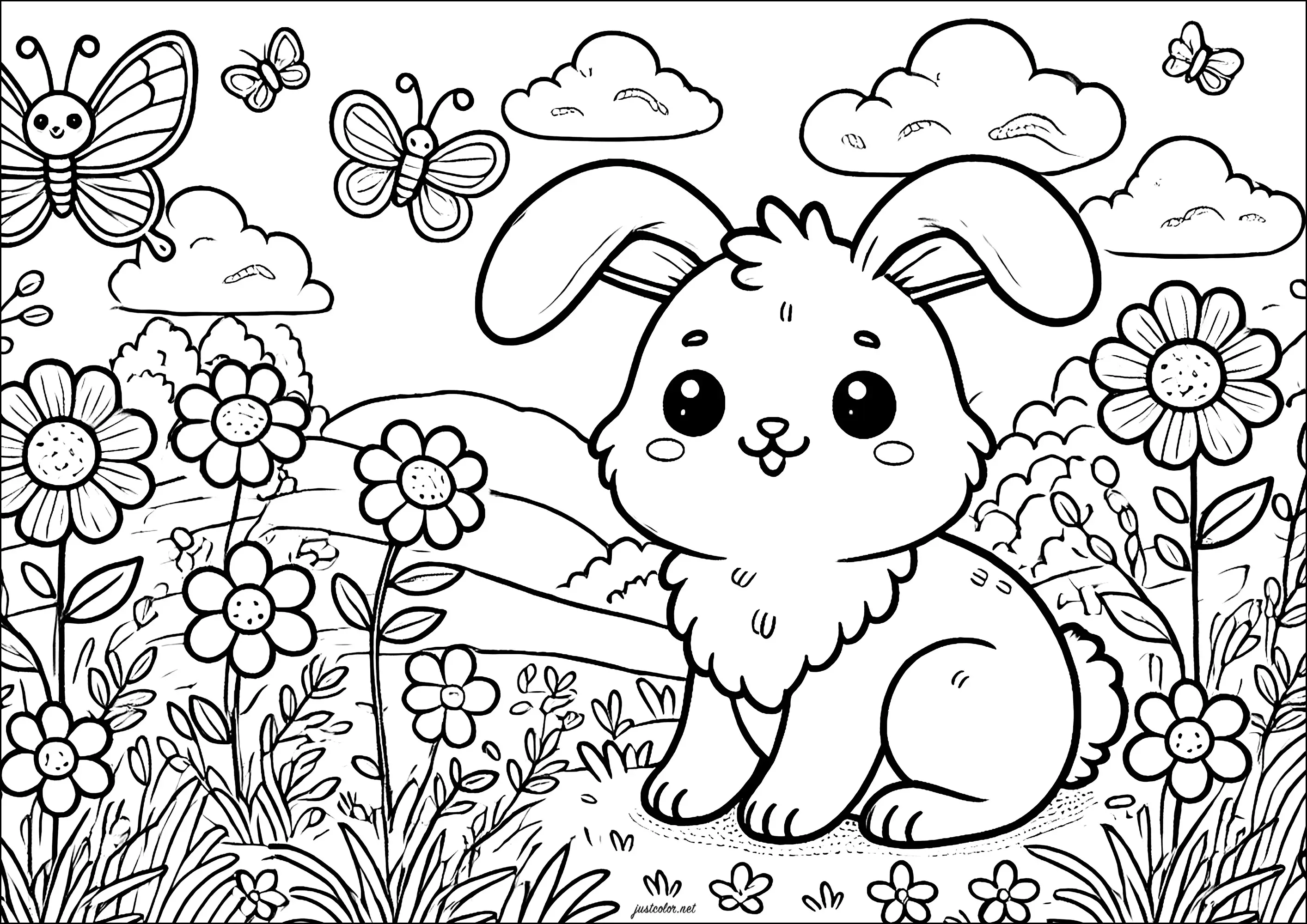 Petit lapon mignon avec des fleurs et des papillons (Coloriage de Lapins à imprimer pour enfants)