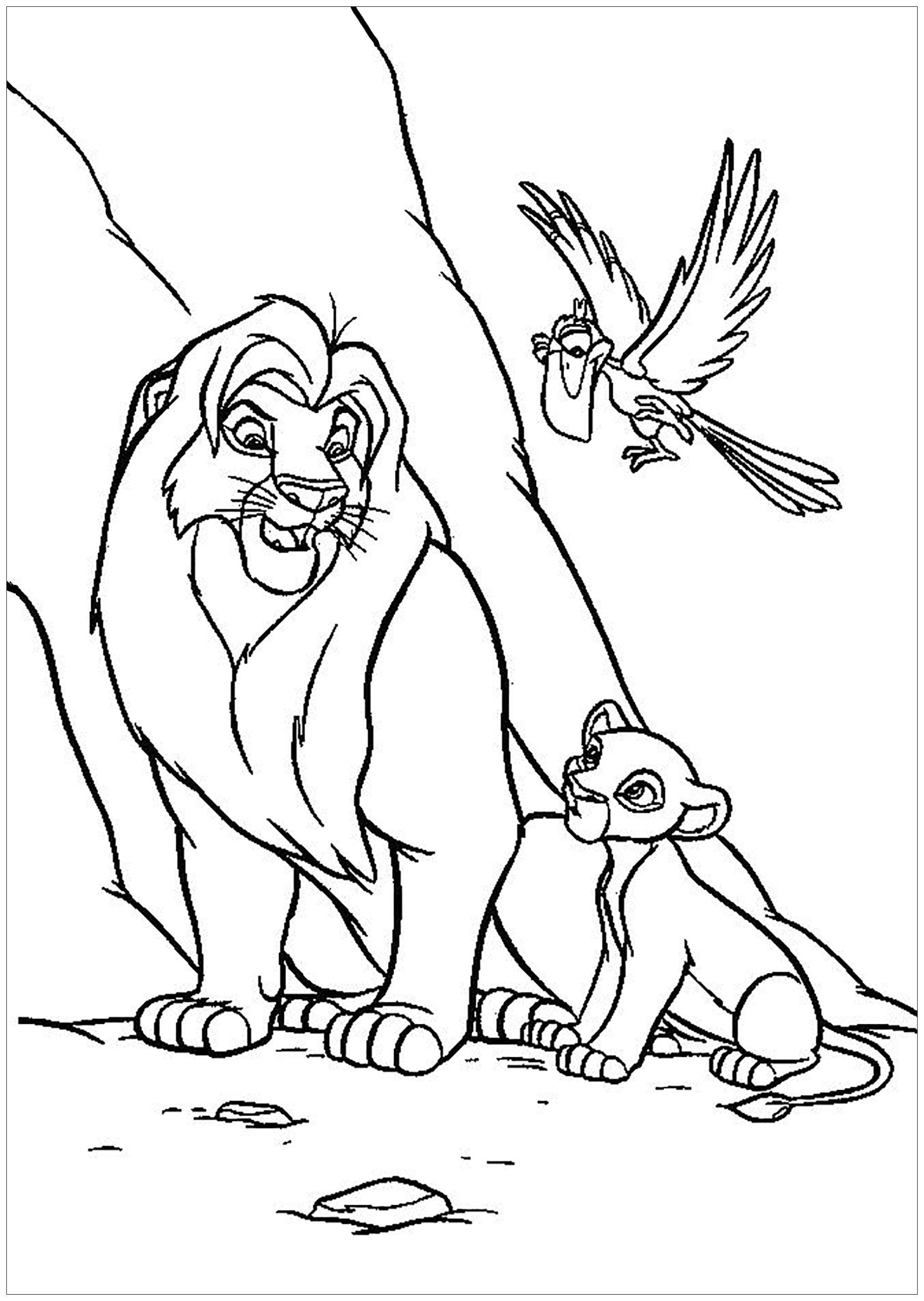 Coloriage du Roi Lion (classique Disney) avec Mufasa et Simba, avec Zazu