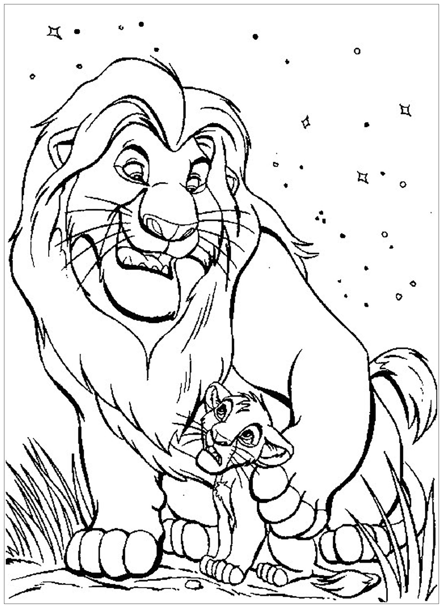Magnifique coloriage du Roi Lion : Mufasa et Simba