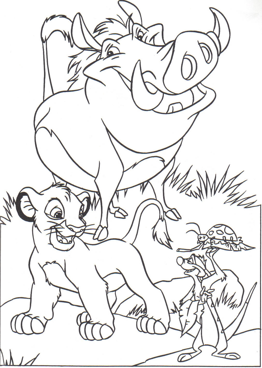 Coloriage du Roi Lion avec Simba et Pumbaa le phacochère