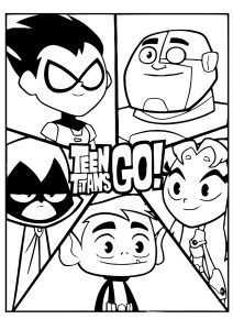 Coloriage de Les Jeunes Titans à imprimer pour enfants : Jeunes Titans : dessin divisé en cinq parties avec un personnage dans chaque partie