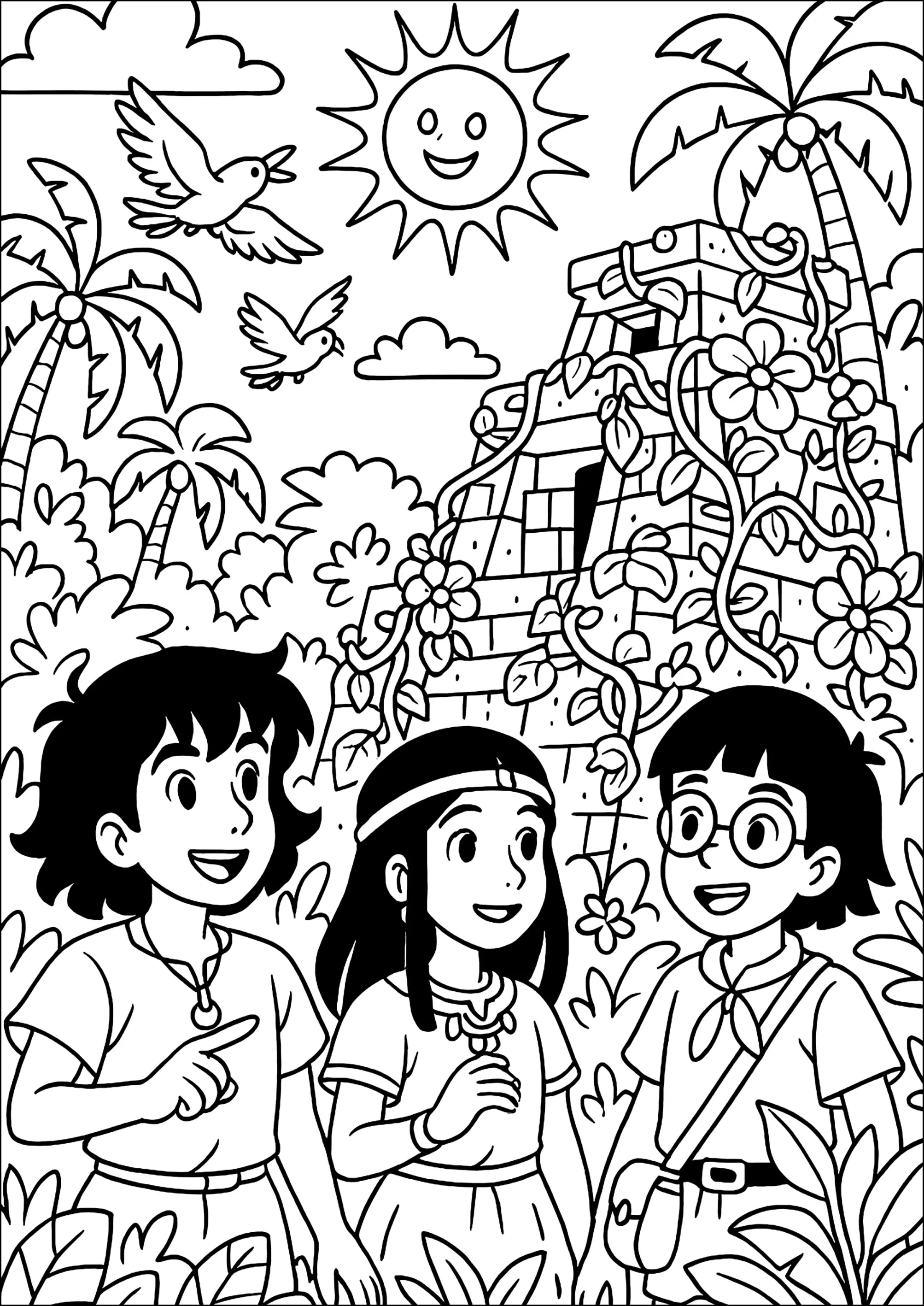 Exploration dans la jungle maya (Coloriage de Les Mystérieuses Cités d&rsquo;or à imprimer pour enfants)