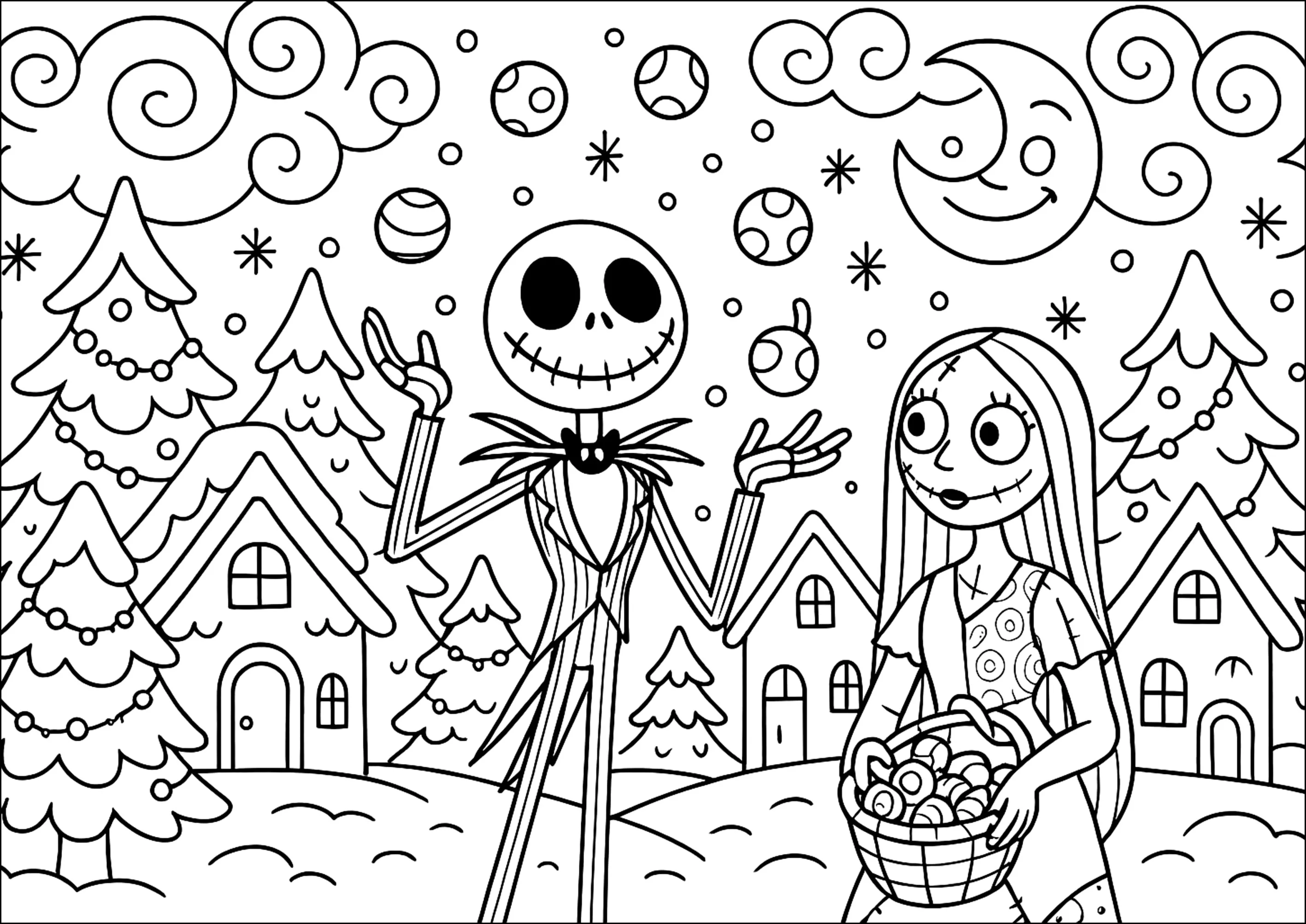 Village enneigé (Coloriage de l’étrange Noël de Mr Jack à imprimer pour enfants)