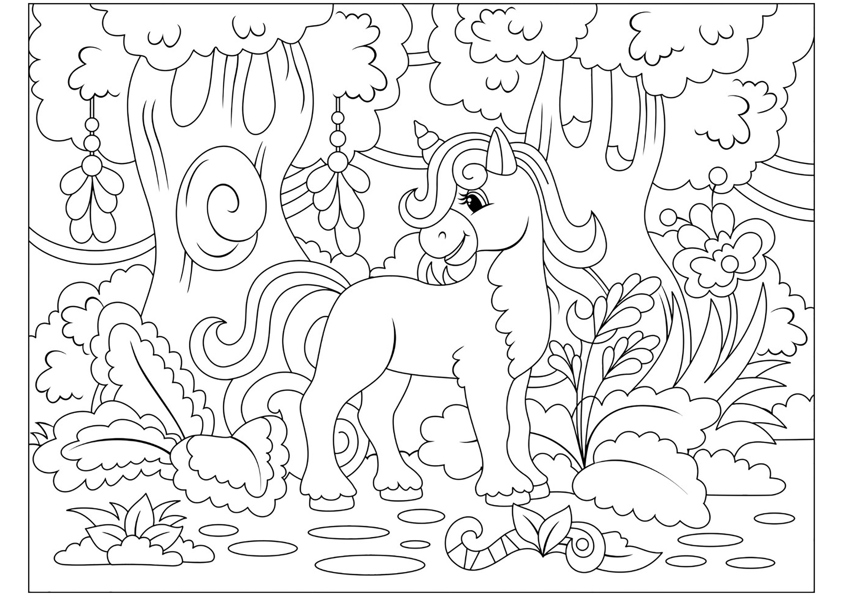 Jeune licorne dans une forêt enchantée - Coloriages de Licornes à imprimer