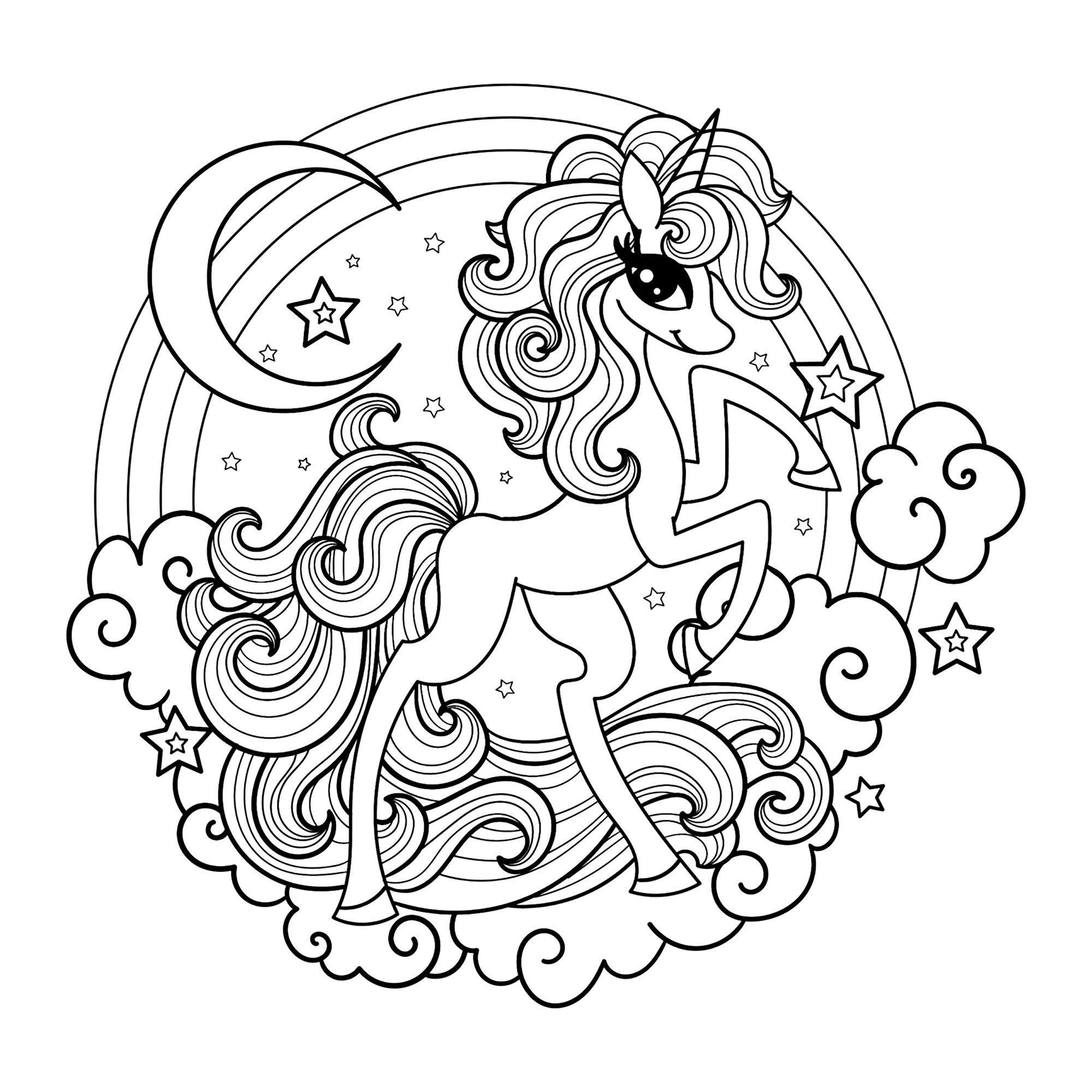 Une licorne très stylée et moderne. Coloriez cette jolie licorne ainsi que l'arc-en-ciel derrière elle, ainsi que la lune, les nuages et les étoiles qui l'entourent, Source : 123rf   Artiste : Zerlina