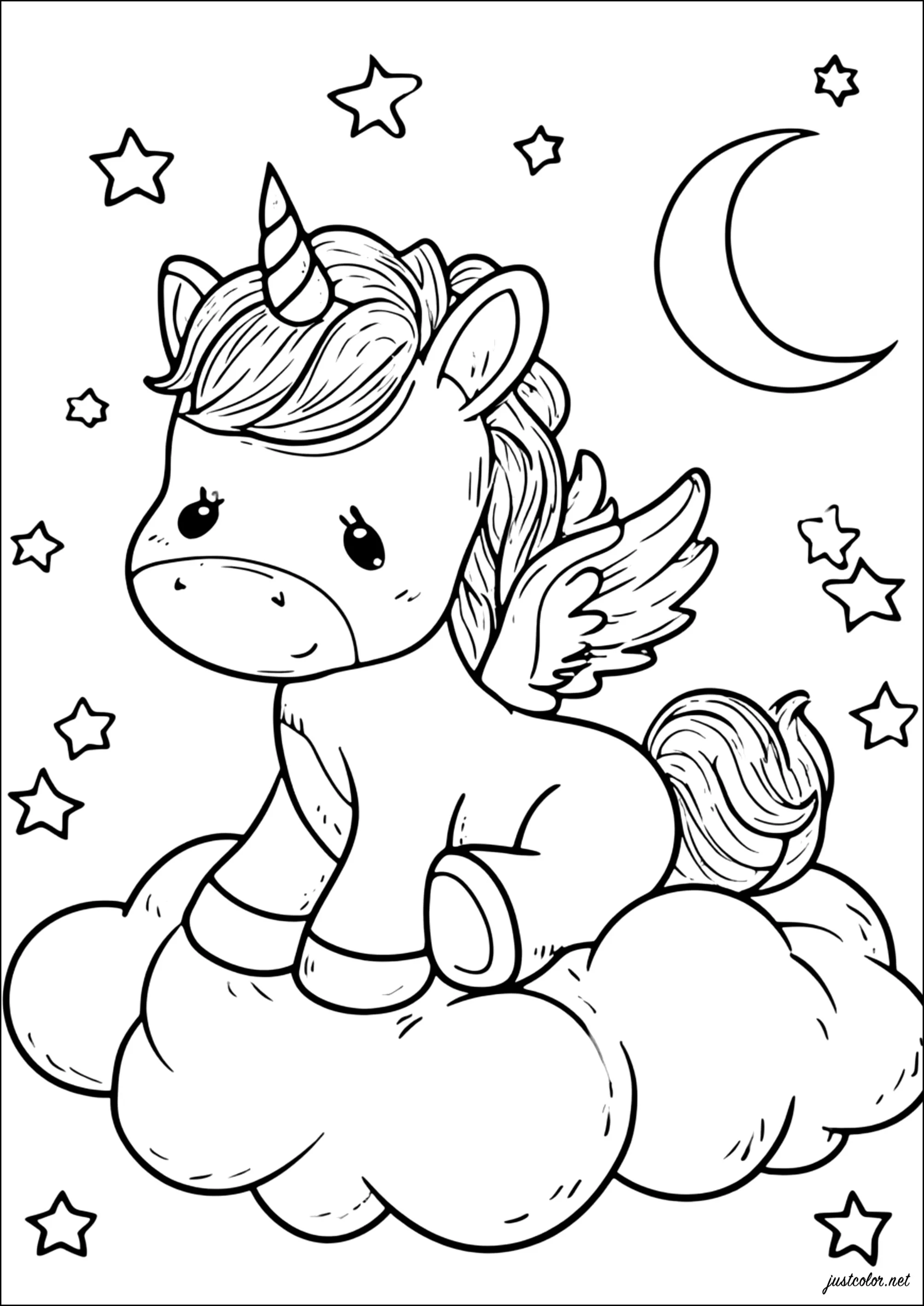 Petite licorne rêveuse sous la lune (Coloriage à imprimer pour enfants)