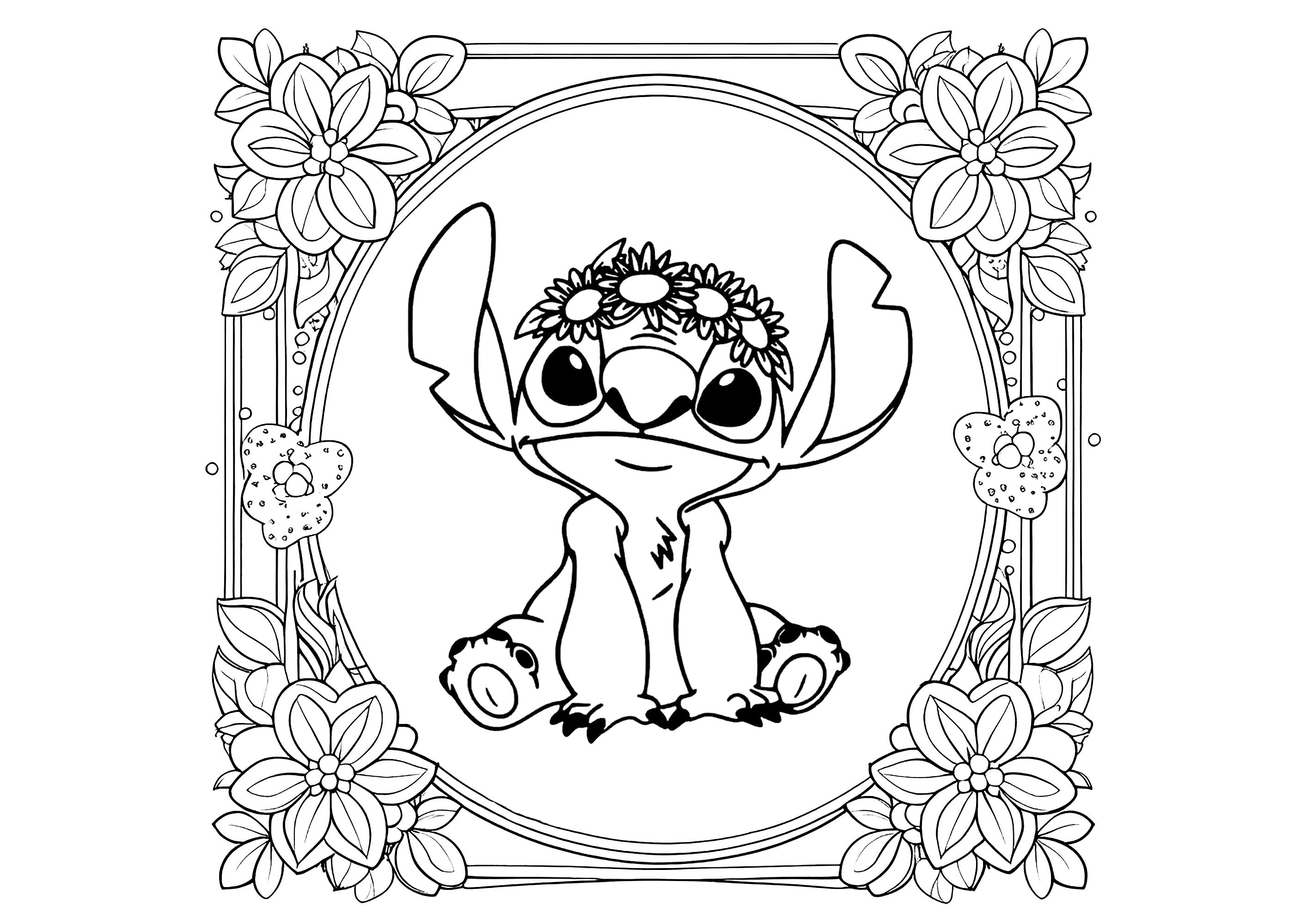 Stitch dans un joli cadre fleuri - Coloriages de Lilo et Stich à imprimer