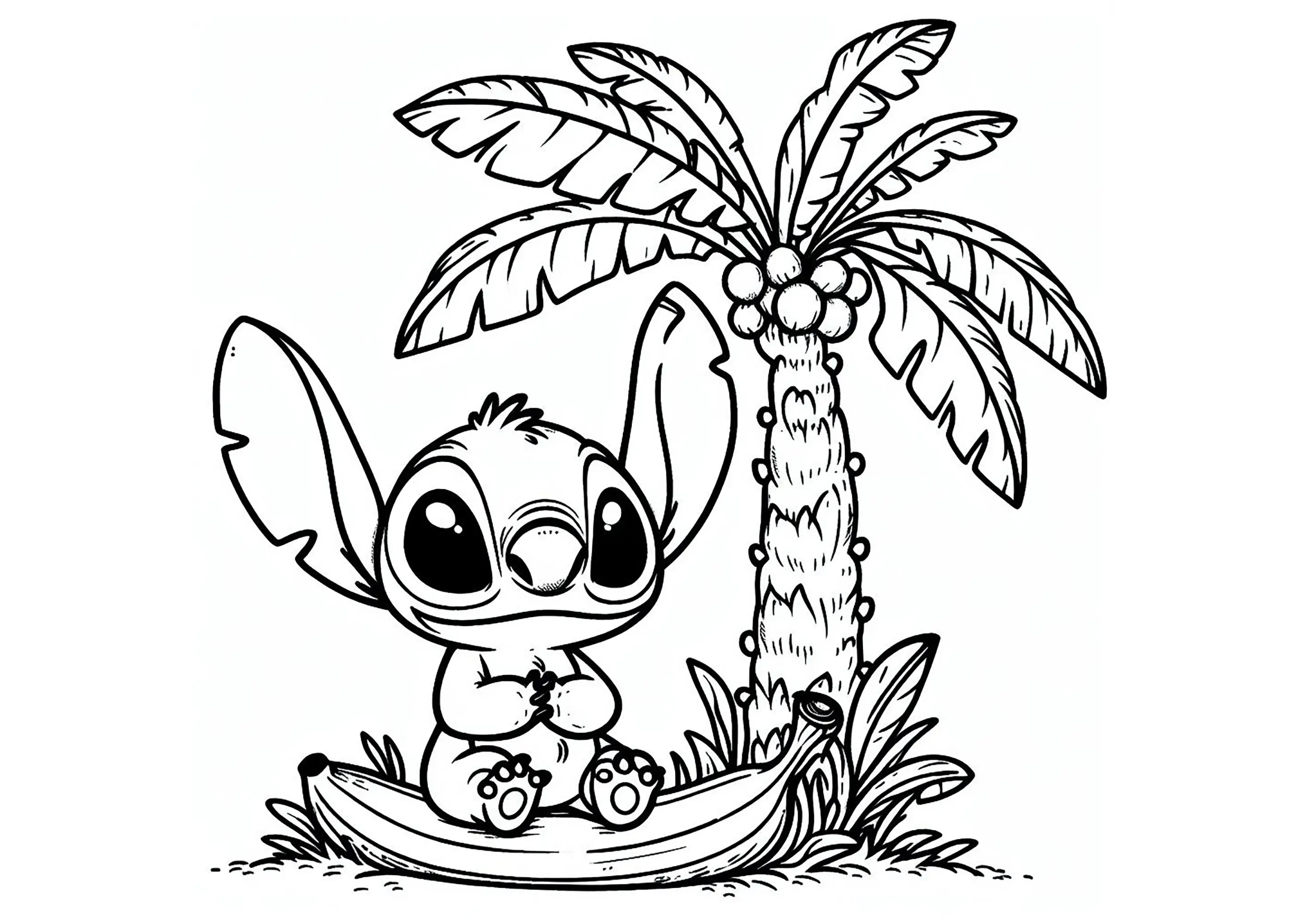 Stitch au pied d'un palmier (Coloriage de Lilo et Stich à imprimer pour enfants)