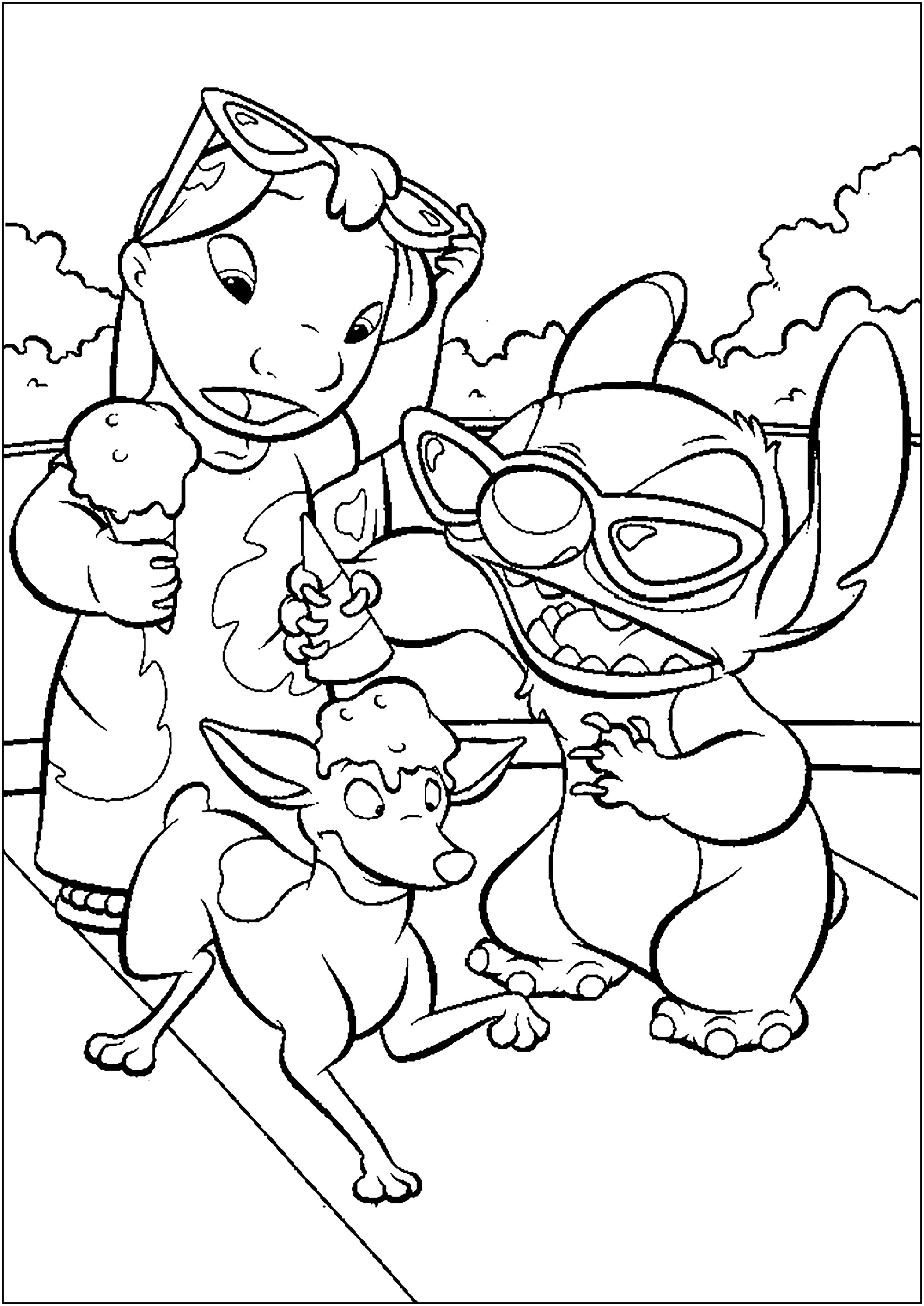 Coloriage Lilo et Stitch : drôle de scène avec un chien et des glaces ...