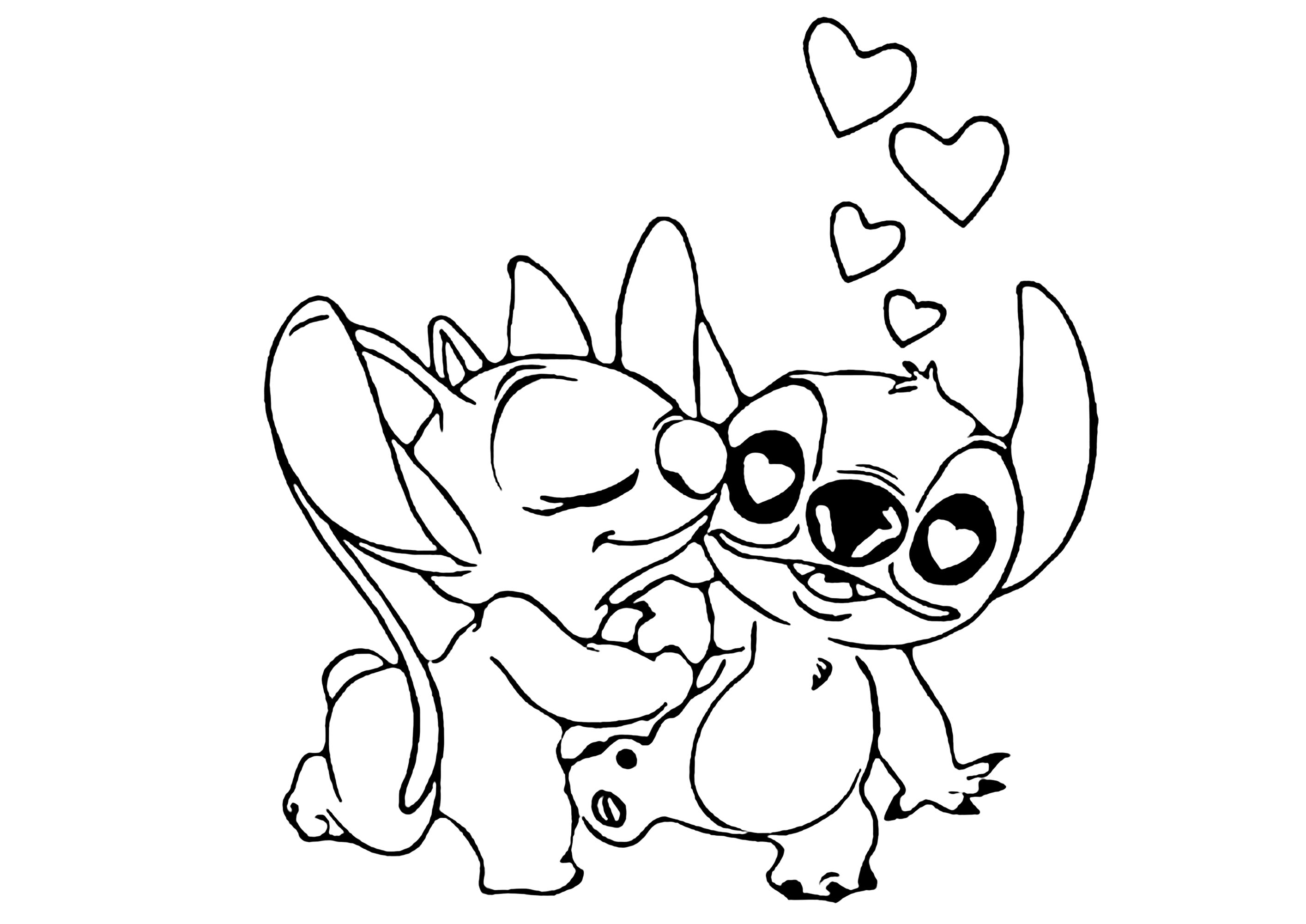 Coloriage Kawaii Amoureux Dessin Stitch Et Angel Angel fait un bisou à Stitch - Coloriages de Lilo et Stich à imprimer