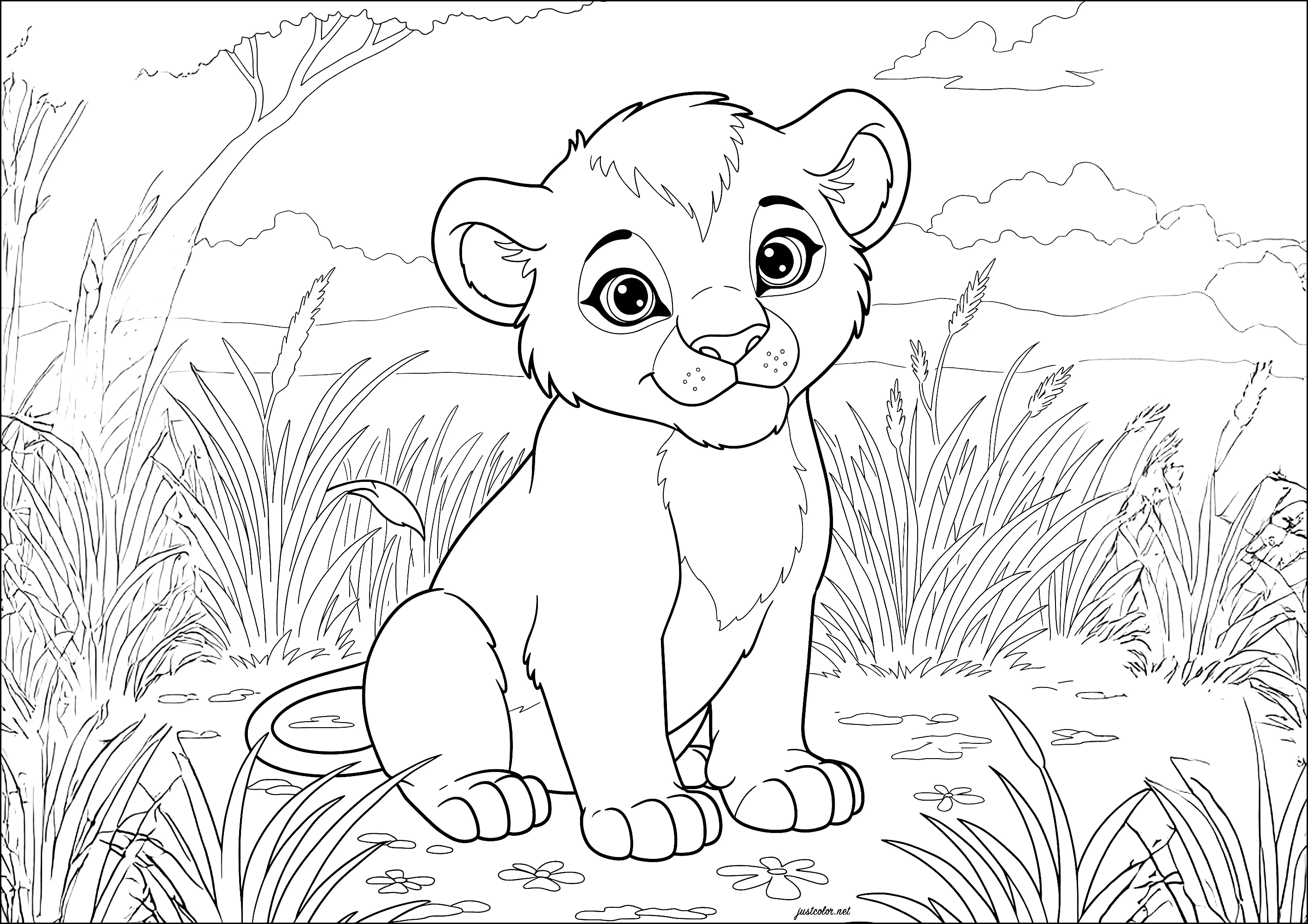 Lionceau dans la nature (Coloriage de Lions à imprimer pour enfants)