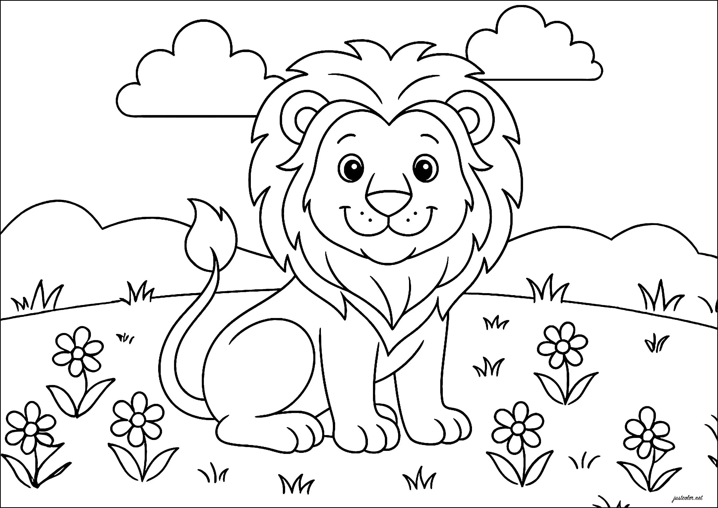 Jeune lion dans la Savane, avec des fleurs (Coloriage à imprimer pour enfants)