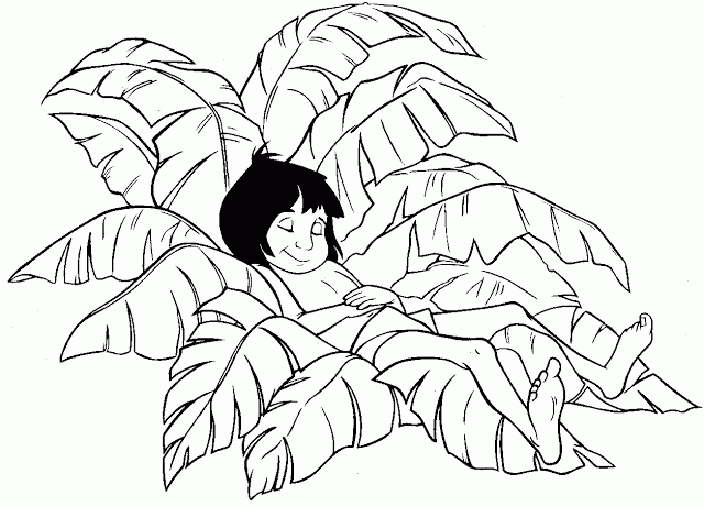 Mowgli dort, allongé sur du feuillage