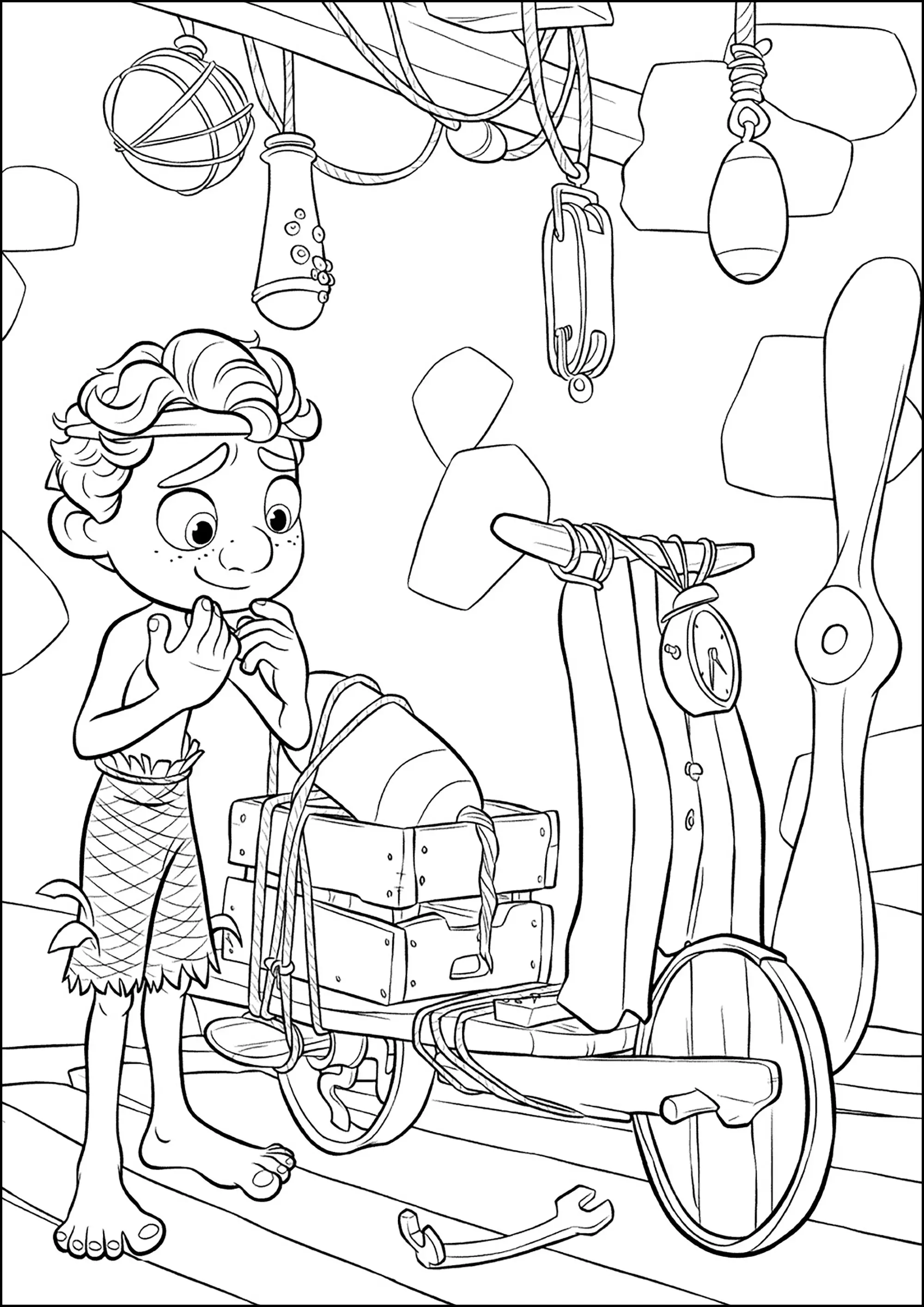 Luca et sa drôle de moto (Coloriage à imprimer pour enfants)