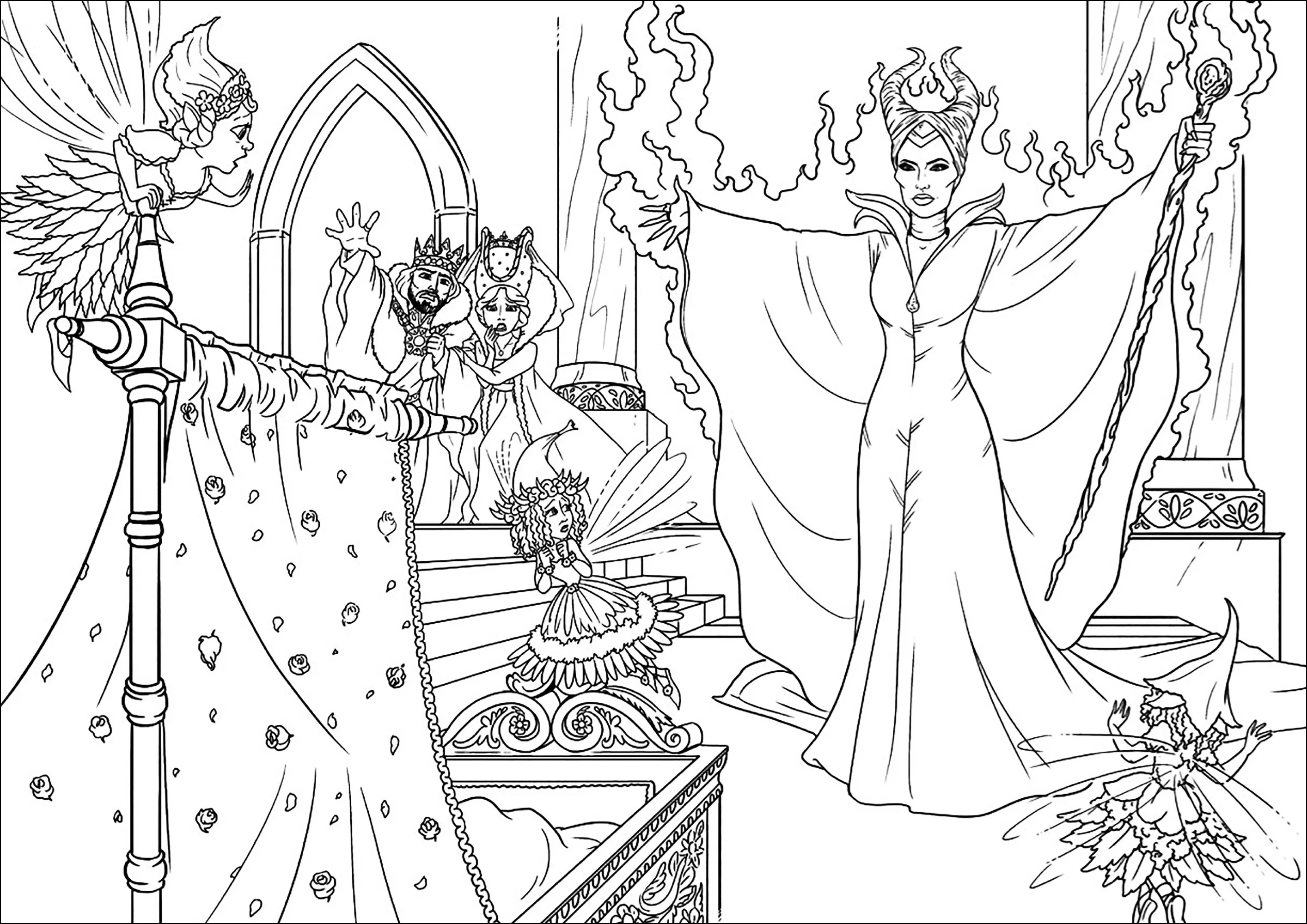 Coloriage inspiré d'une scène du film Maleficent (Maléfique (La Belle au bois dormant) (Disney))