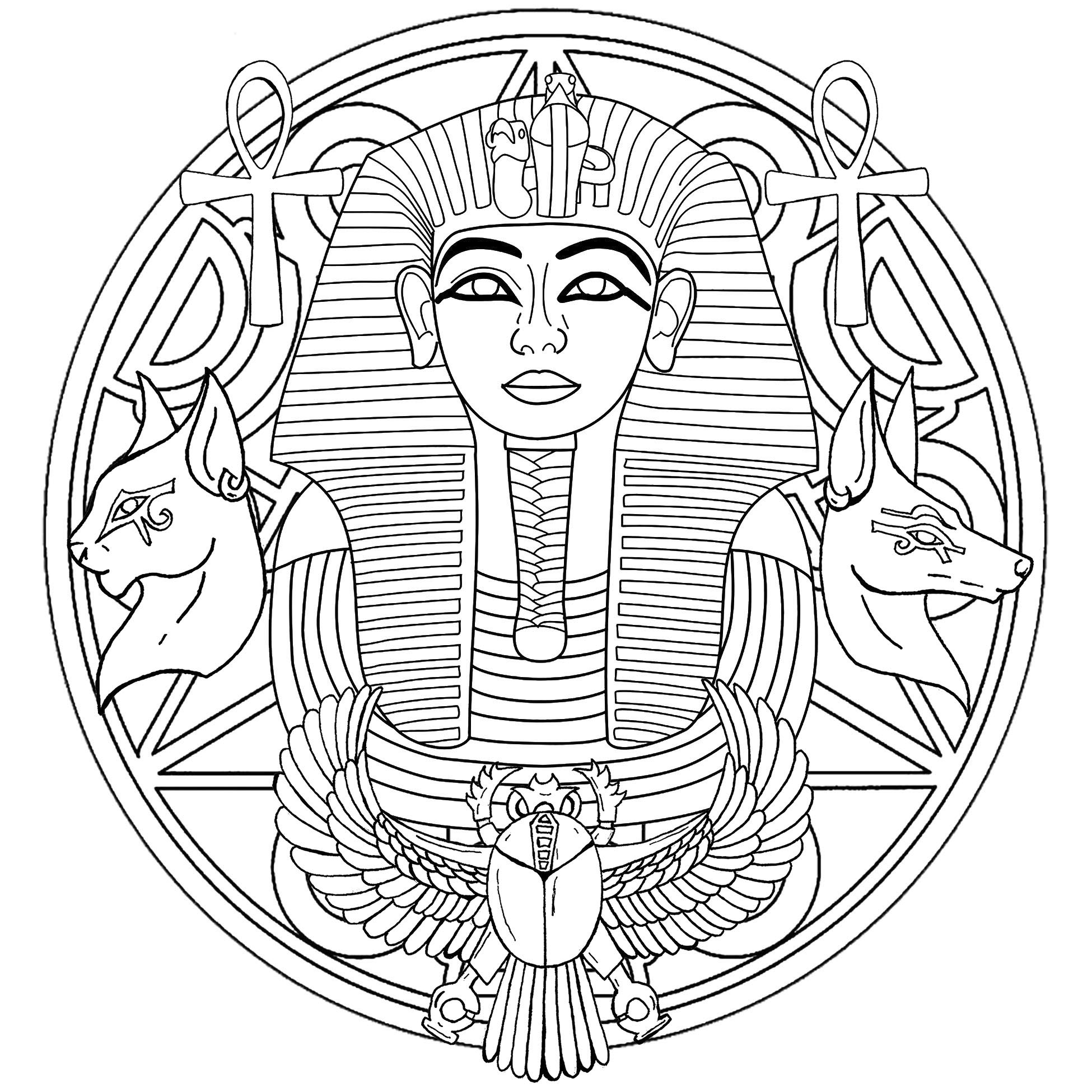 Un joli Mandala avec divers symboles de l'Egypte, dont le masque du pharaon Toutânkhamon, Artiste : Art'Isabelle
