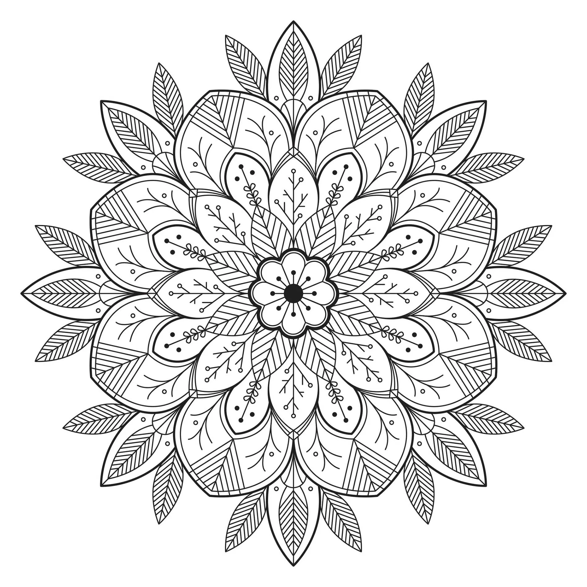 Mandala avec feuilles et fleurs (Coloriage à imprimer pour enfants)