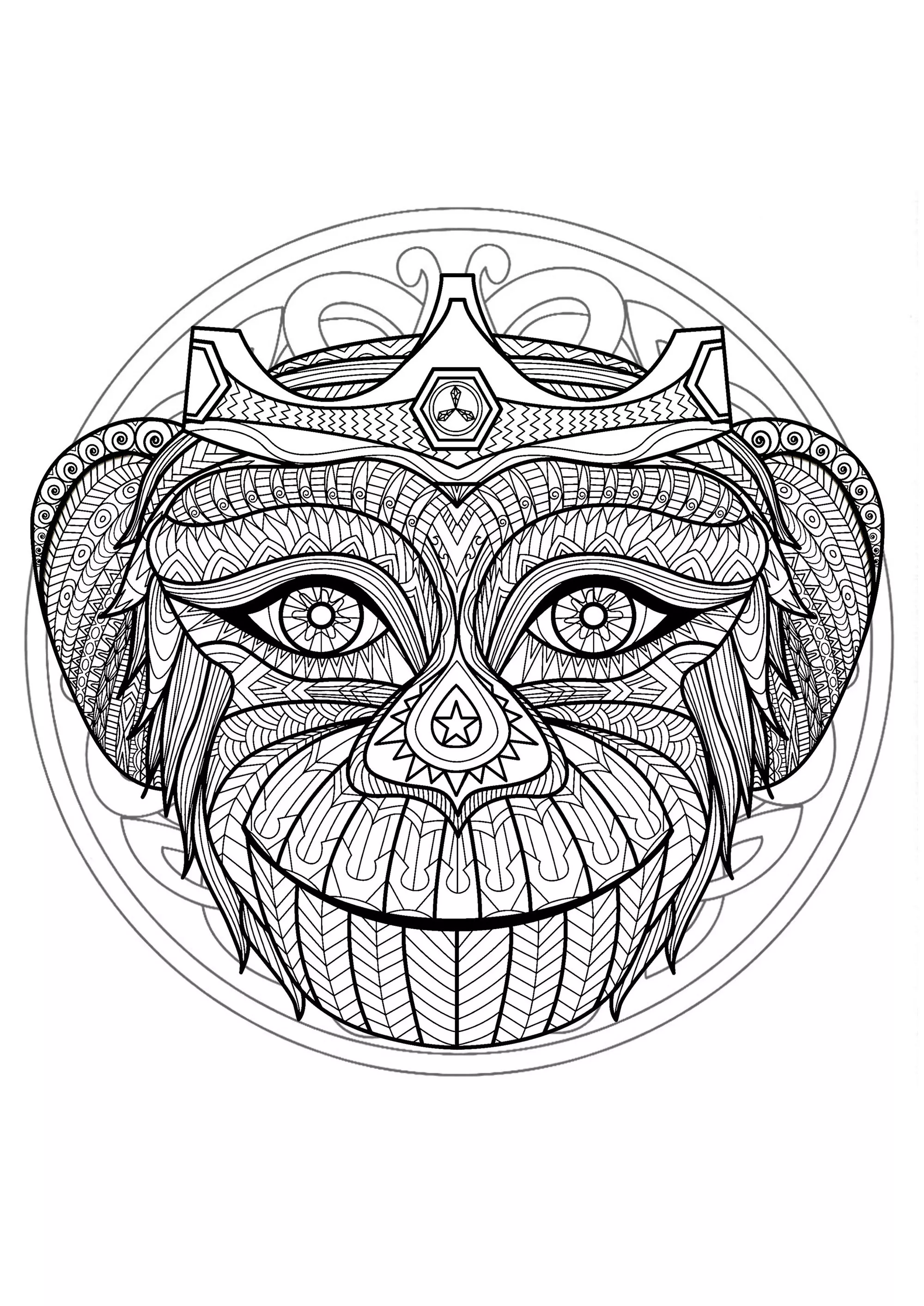 Tête de singe - version - 1 (Coloriage de Mandalas à imprimer pour enfants)