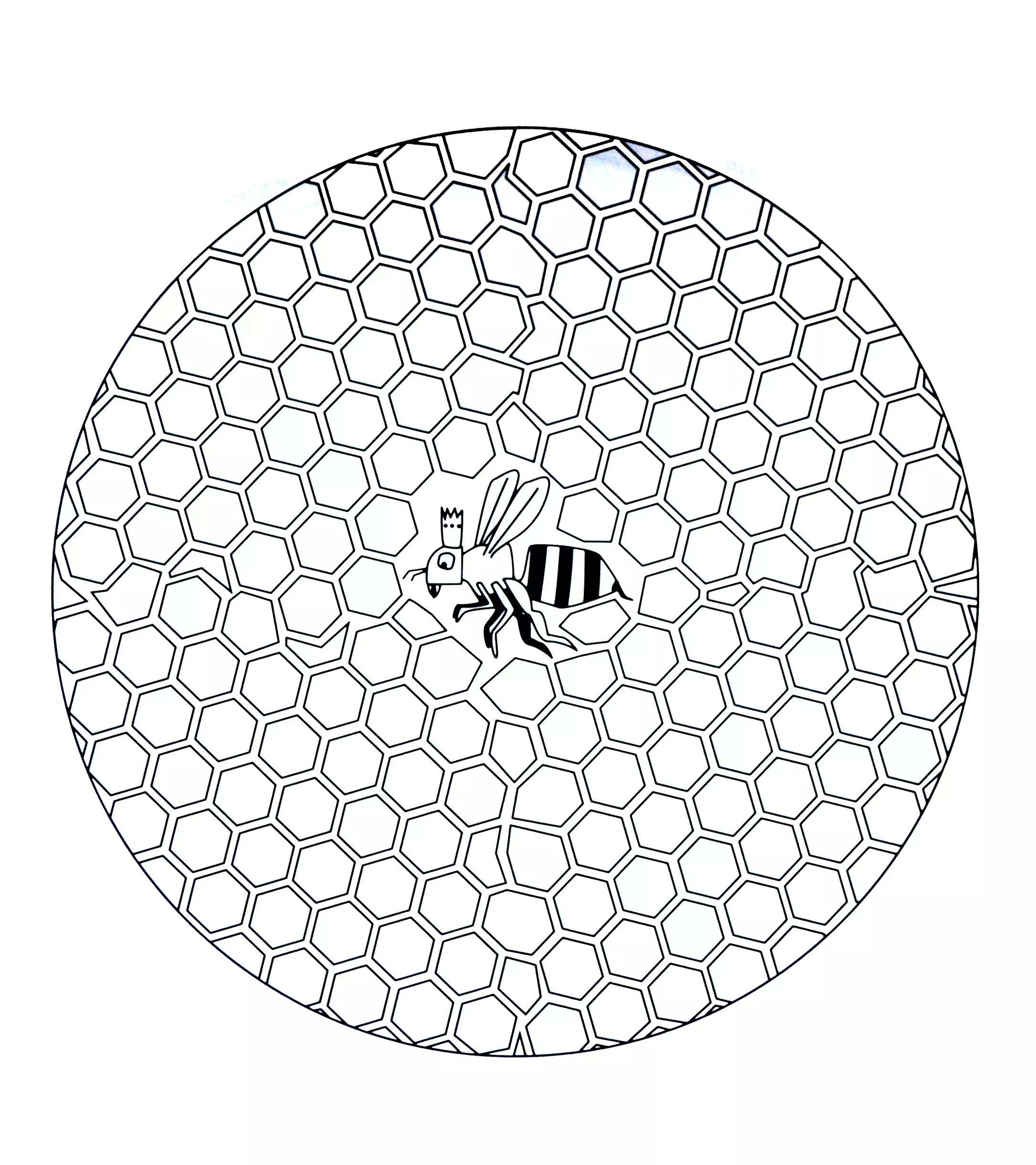 La ruche et la reine des abeilles (Coloriage de Mandalas à imprimer pour enfants)