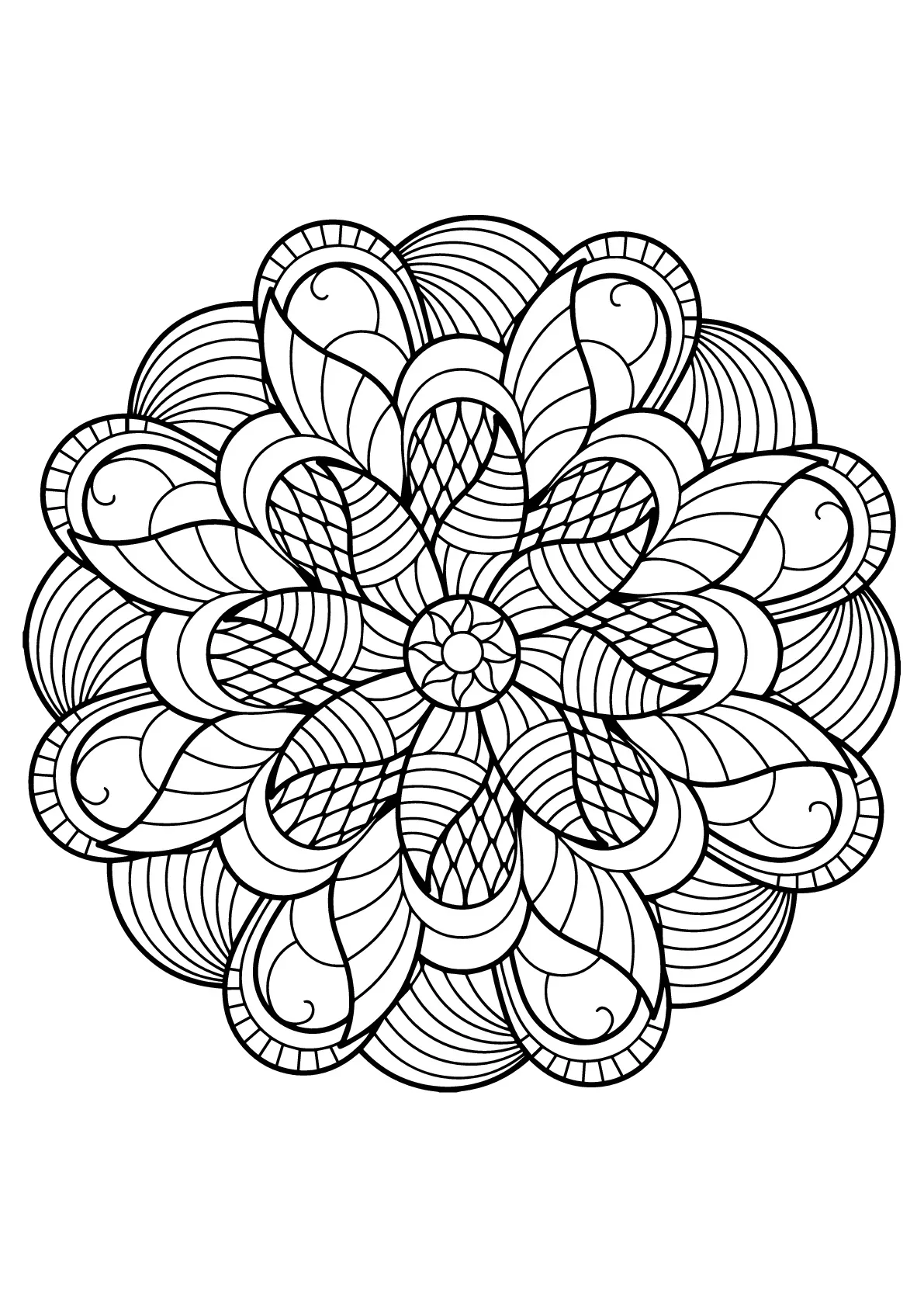 Mandala hypnotisant constitué de formes arrondies (Coloriage à imprimer pour enfants)
