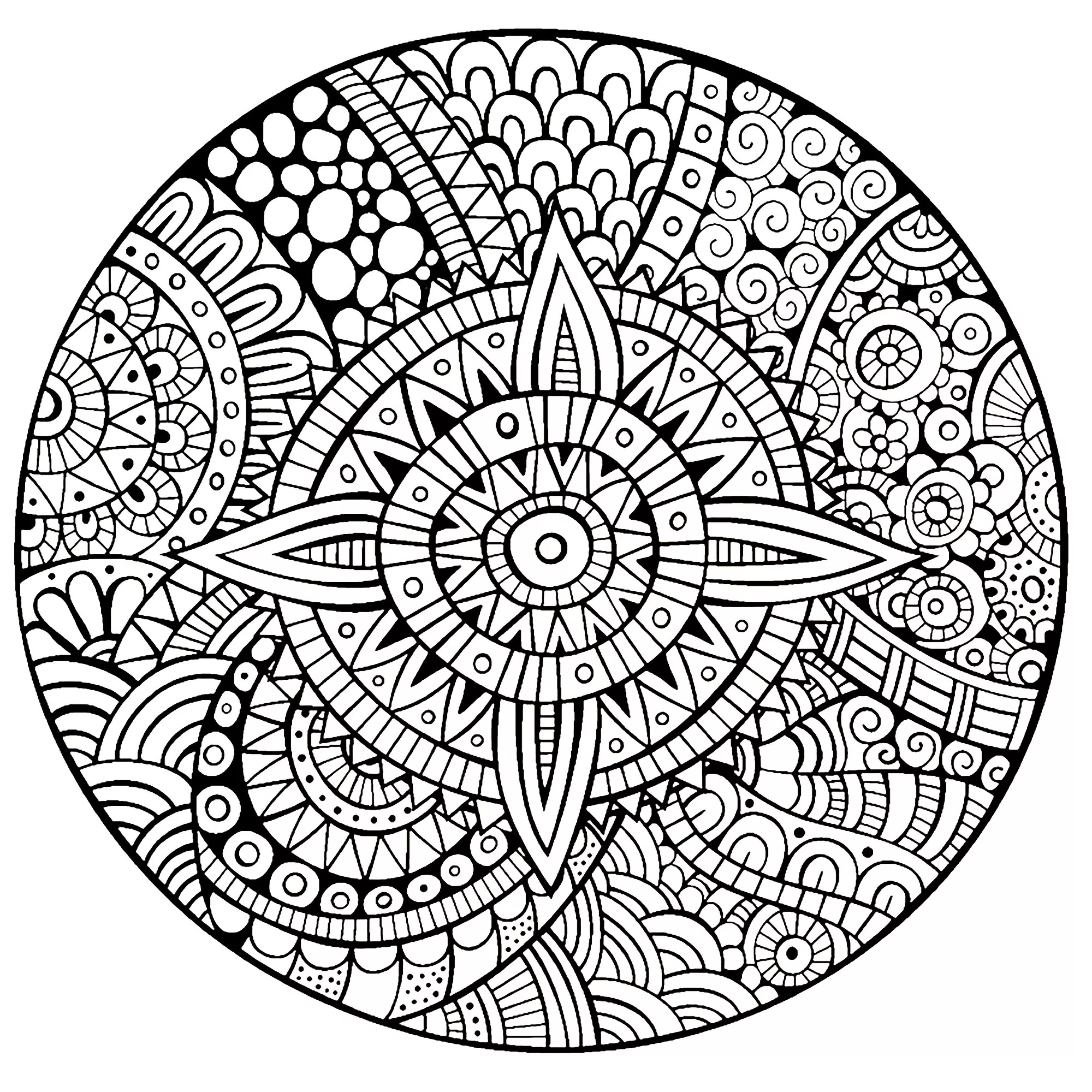 Mandala avec des éléments Zentangle (Coloriage à imprimer pour enfants)