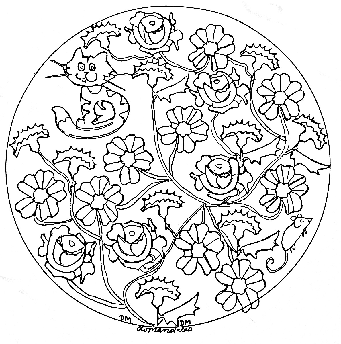 Mandala facile roses et chat
