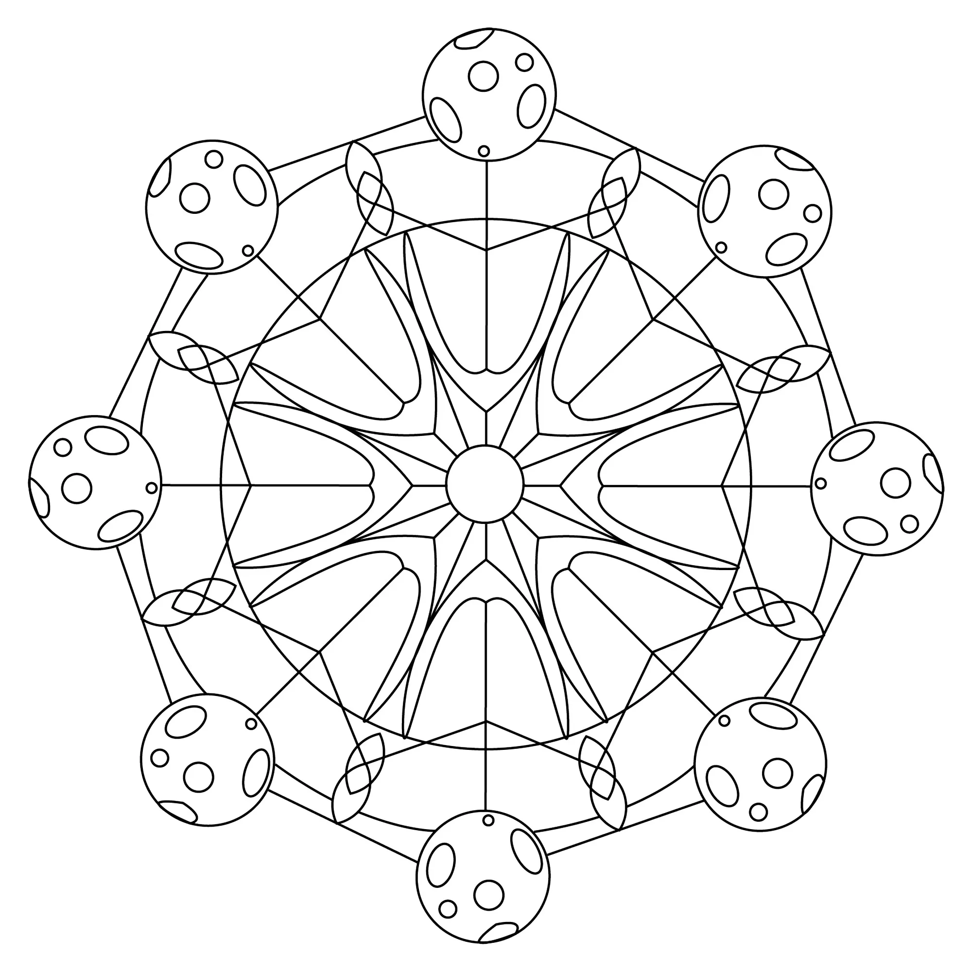 Mandala avec la lune et le soleil (Coloriage à imprimer pour enfants)