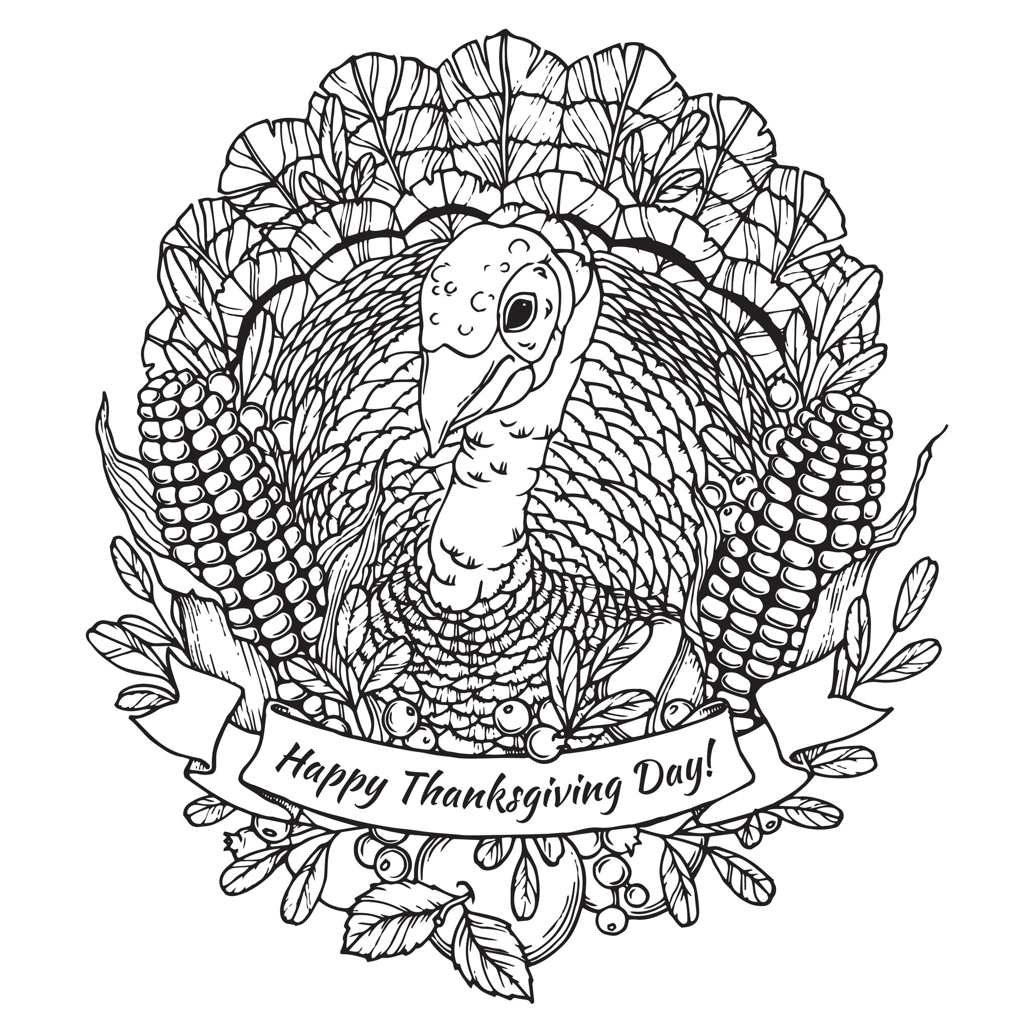 59191579 - thanksgiving day greeting card with turkey, vegetables and fruits in cartoon style. black and white