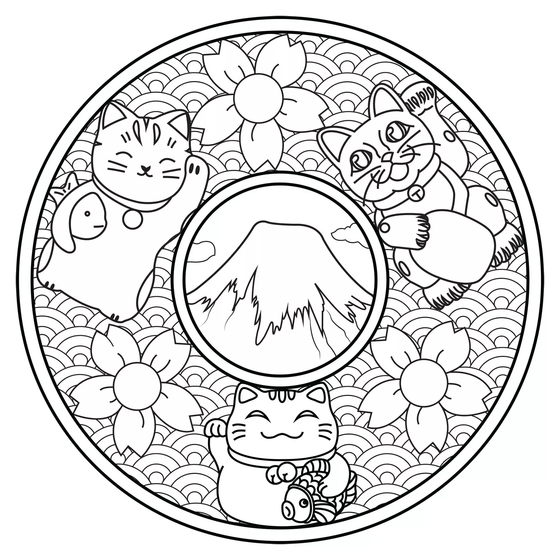 Mandala du Japon (Coloriage de Maneki Neko à imprimer pour enfants)