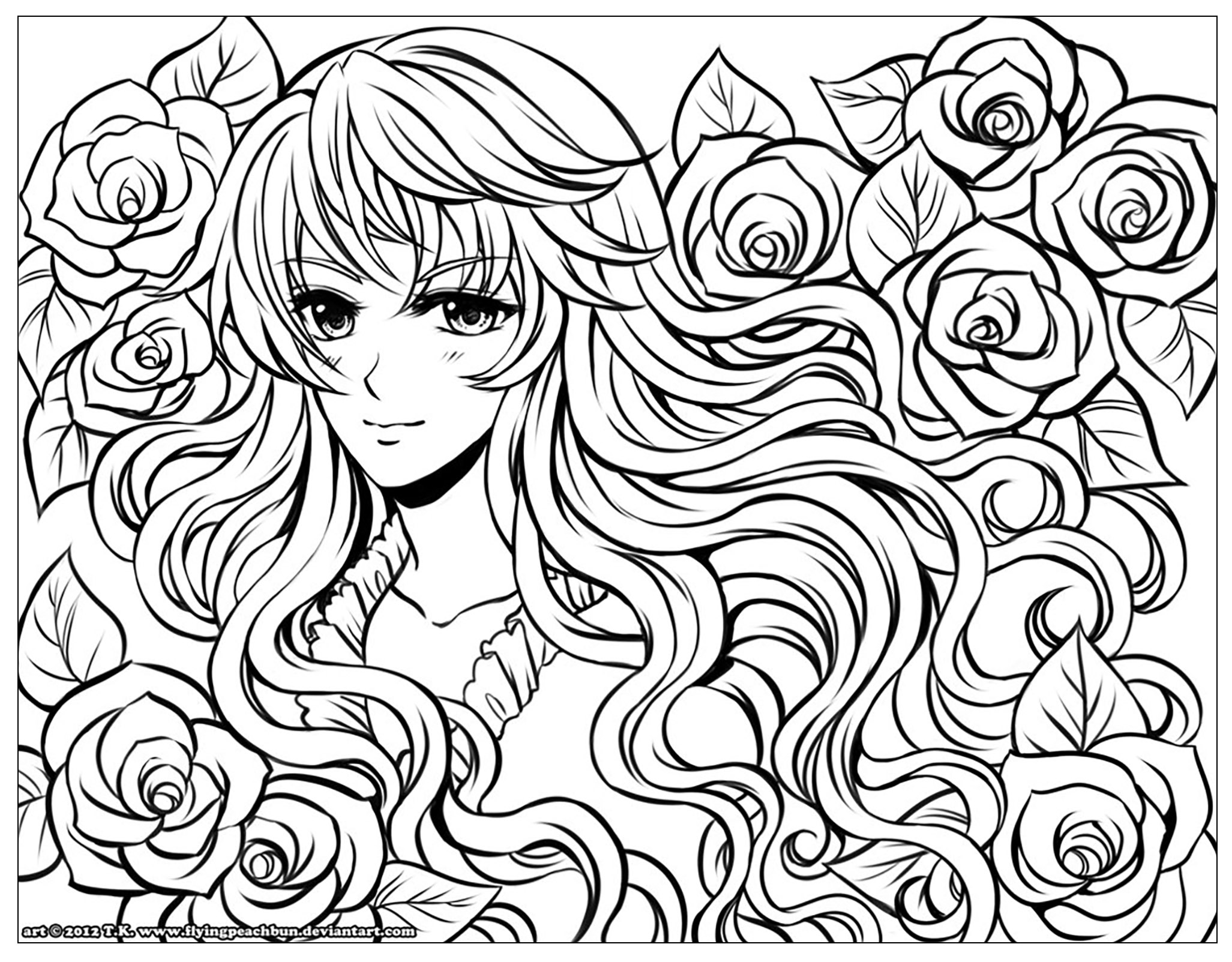 Magnifique dessin à colorier d'une filles aux cheveux en fleur